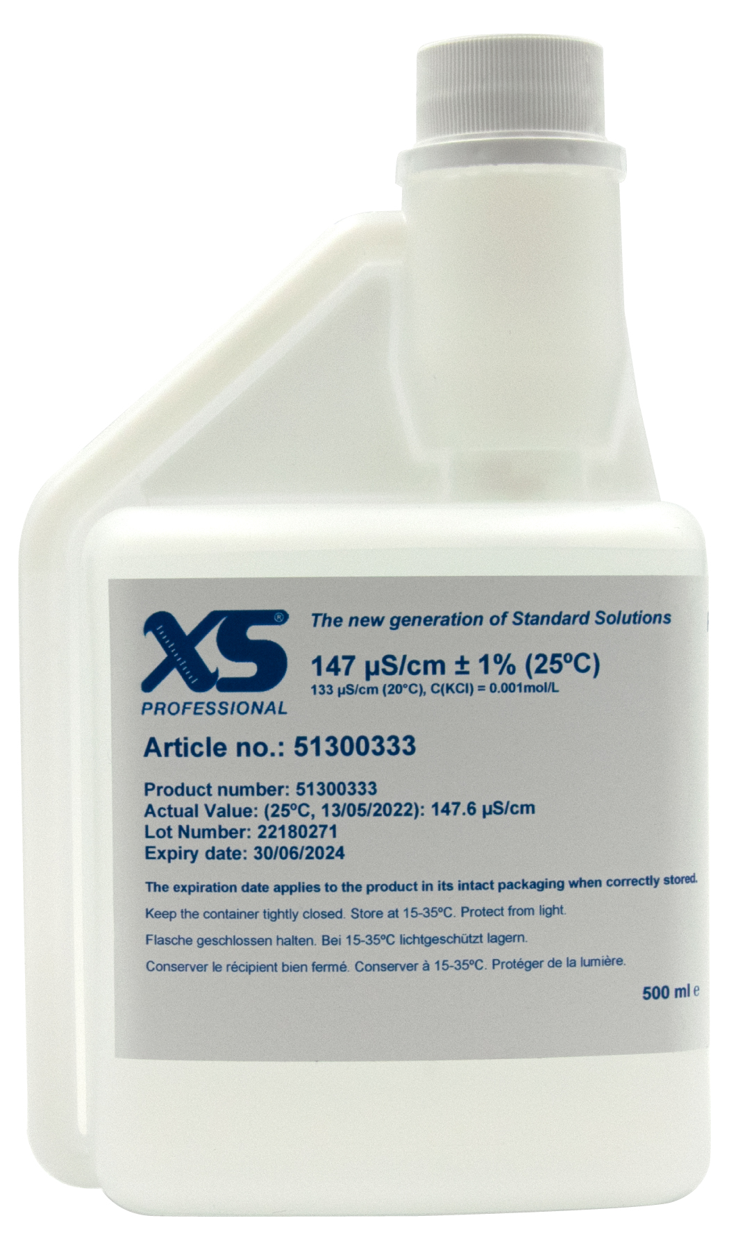 XS Professional 147µS/cm - 500ml conductivity calibration solution with DFM certificate