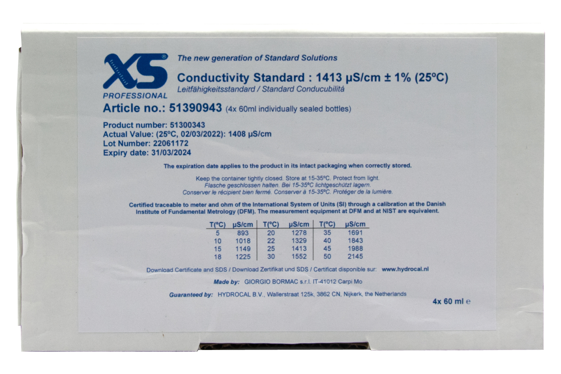 XS Professional 1413µS/cm - 4x 60ml conductivity calibration solution package with DFM certificate
