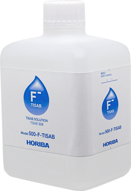 Horiba Fluorid Ionenstärkeregulierer Flasche Vorderansicht klare Kunststoffflasche mit blauem Etikett