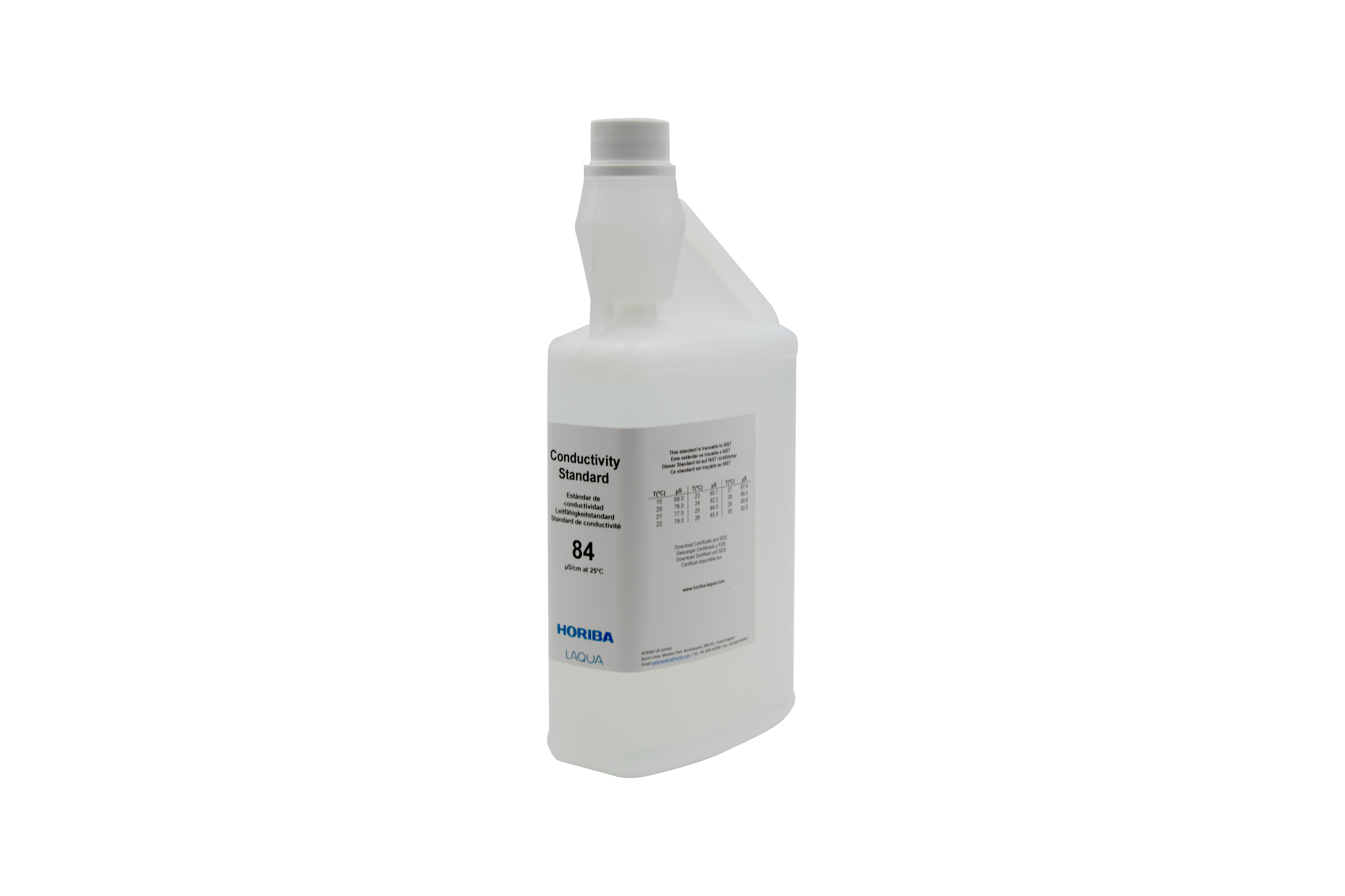 HORIBA 84 μS/cm Leitfähigkeitskalibrierlösung 1000ml, schräg stehend, klare Flüssigkeit, gut sichtbares Etikett
