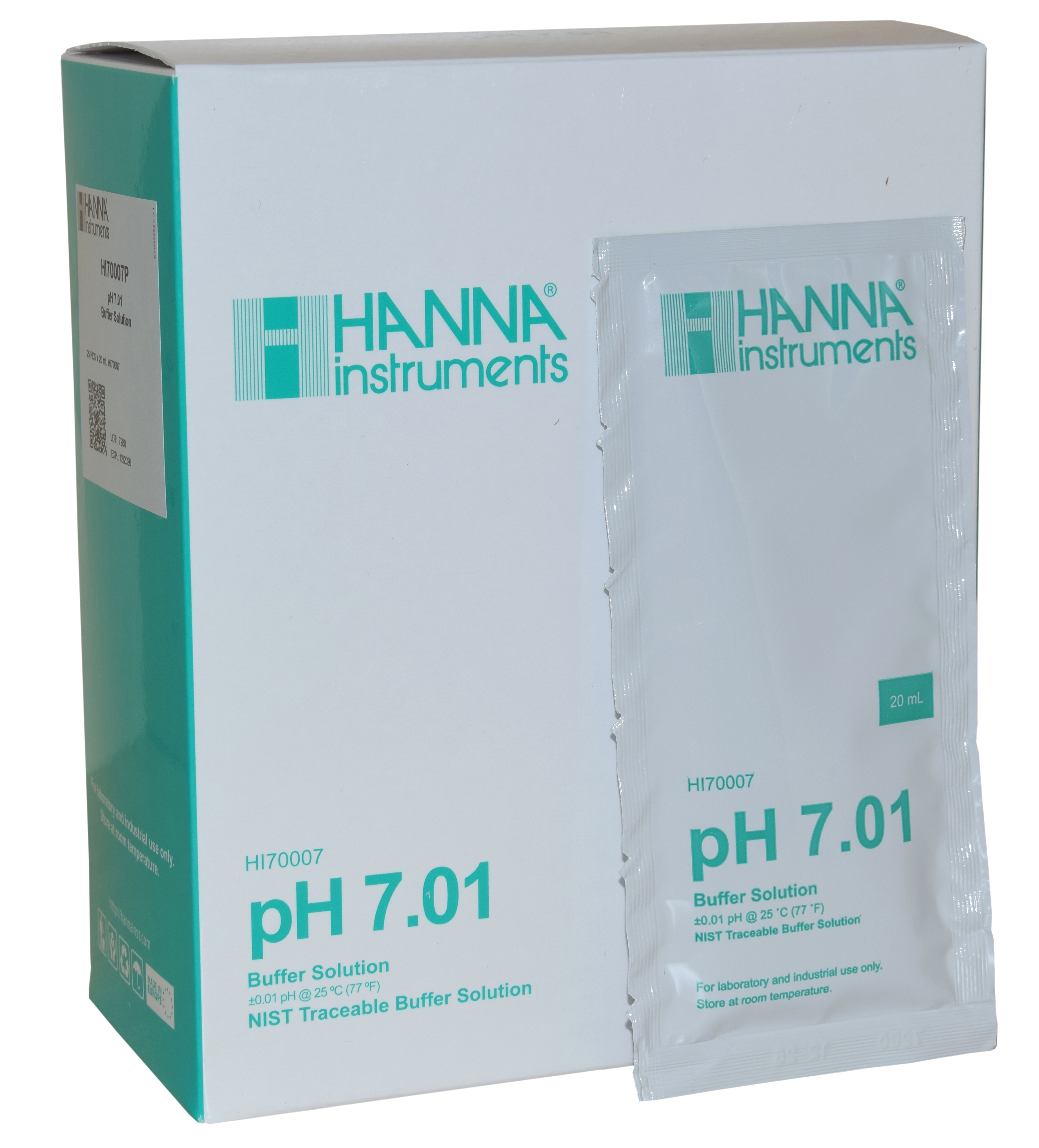 HANNA buffer solution pH 7.01, 25 x 20mL sachets (HI70007P) HANNA HI70007P Pufferlösung, komplette Beutelpackung mit deutlich sichtbarem Produktkarton
