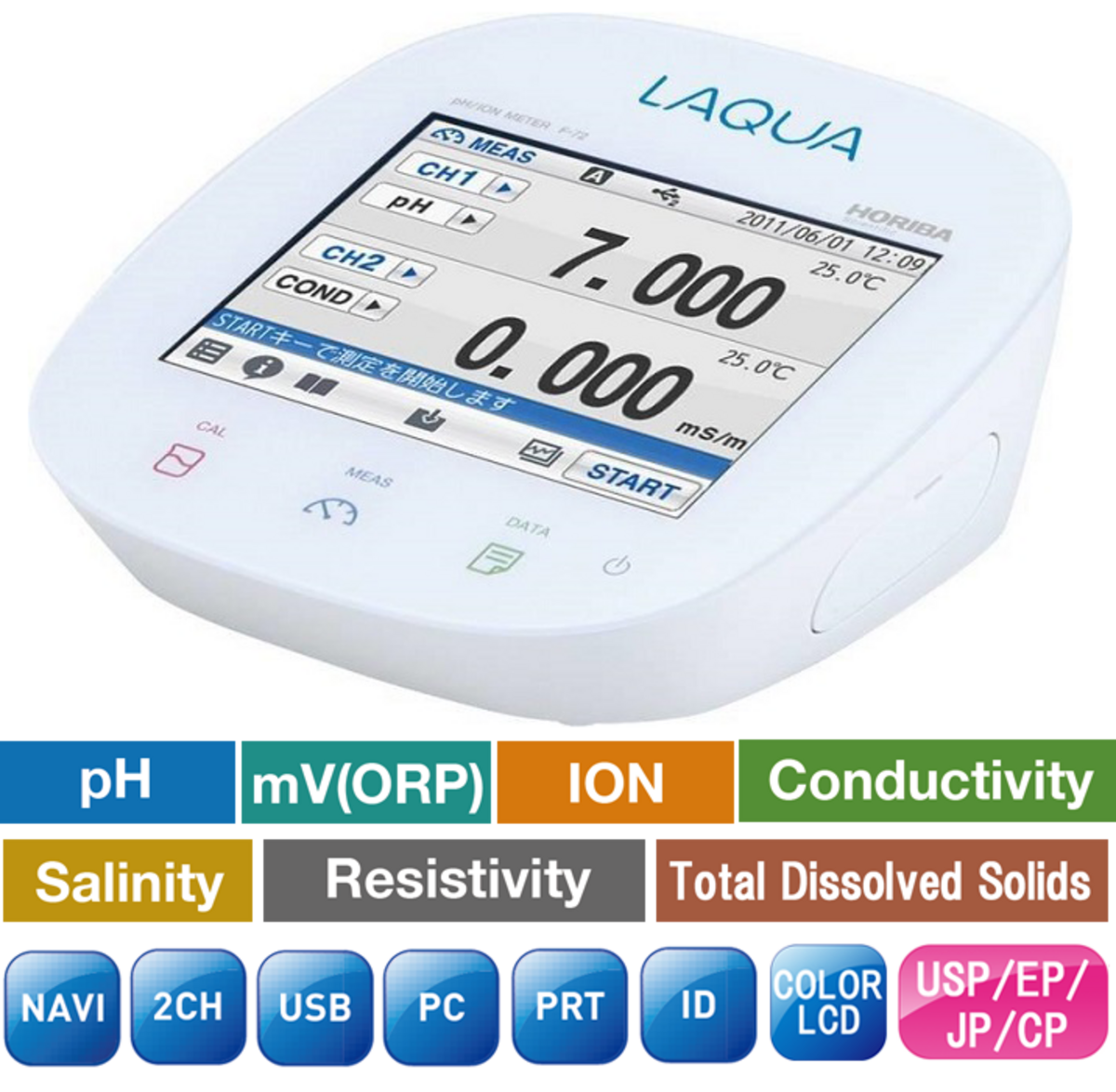 Horiba F-74 Dual Channel pH/Redox/Ion/Conductivity/Resistivity/Salinity/TDS/Temperature Lab Meter with Touchscreen Horiba F 74 Zweikanal Labormessgerät mit großem Touch LCD, mit pH  und Leitfähigkeitswerten