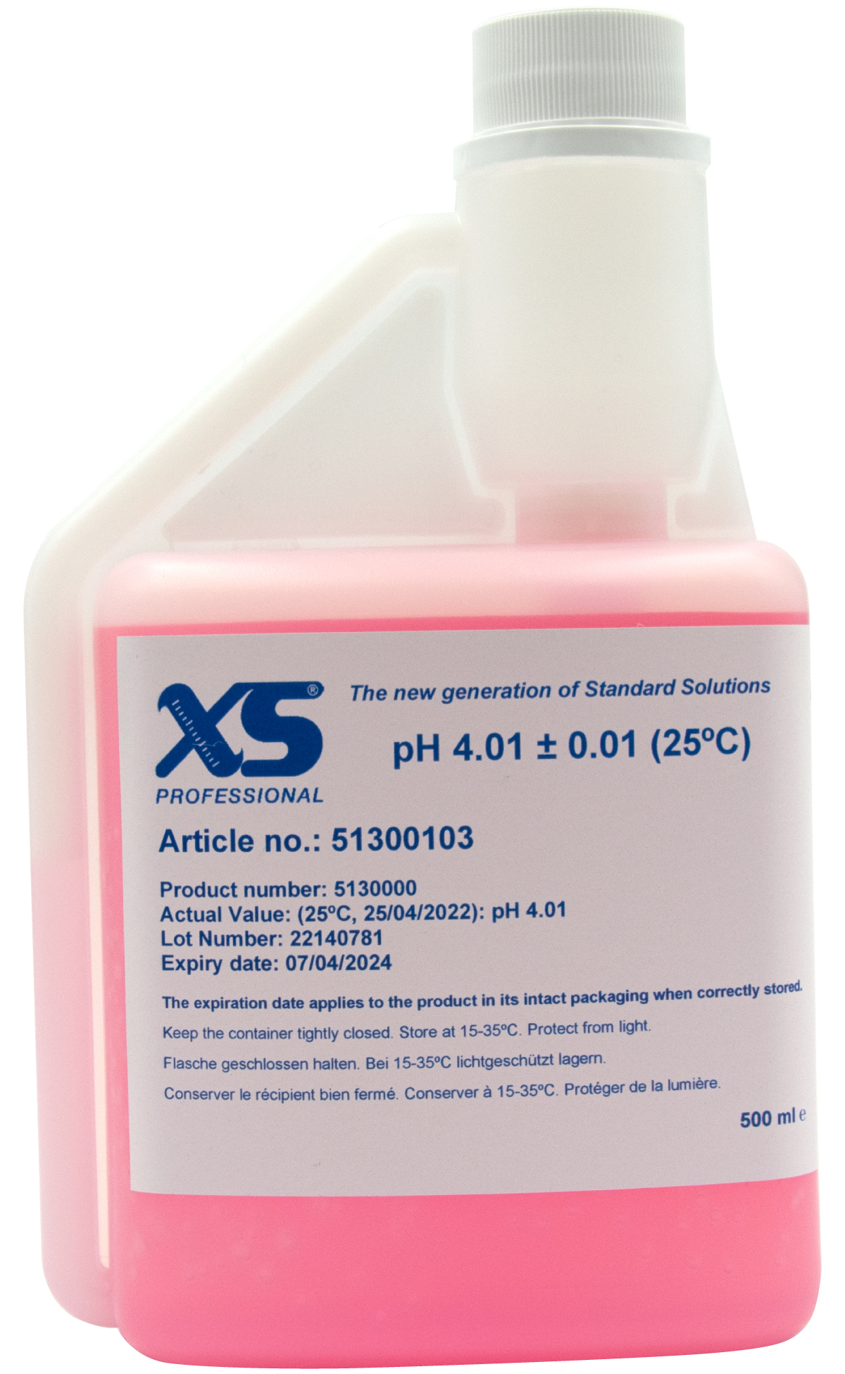 XS Professional pH 4.01 (±0.01pH @25°C) - 500ml pH buffer solution with DAkkS certificate XS Professional pH 4.01 500 ml, Druckverschluss-Flasche mit DAkkS-Zertifikat