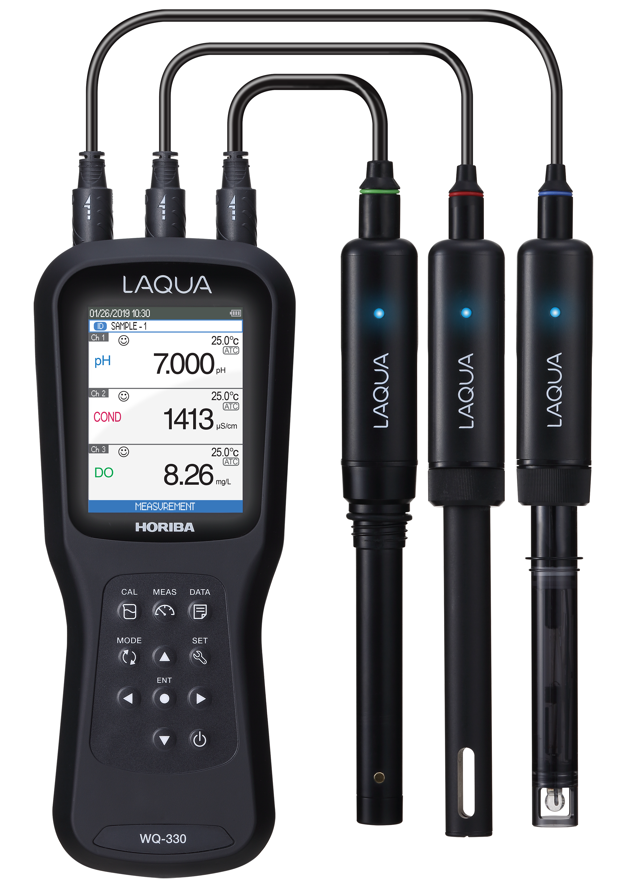 Horiba LAQUA WQ330-K - 3 channel professional measuring device for various parameters in analysis case Horiba LAQUA WQ330-K Handmessgerät mit drei angeschlossenen Elektroden, Frontansicht, robustes Design