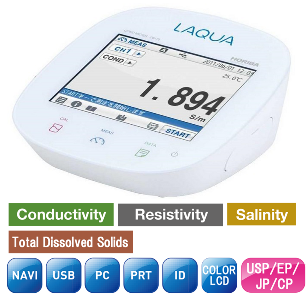 Horiba DS-72A-S Single Channel Conductivity/TDS/Resistivity/Salinity/Temperature Laboratory Benchtop Meter Set with Touchscreen
