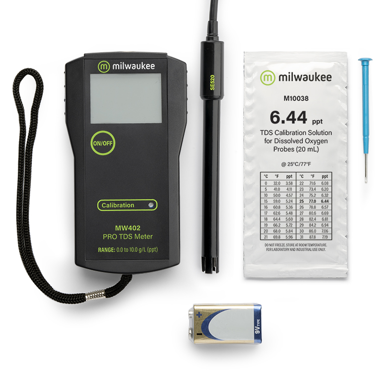 Milwaukee MW402 PRO portable TDS meter Lieferumfang des MW402 Messgeräts, Batterie plus Flüssigkeiten etc.