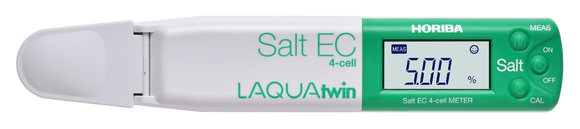 Horiba LAQUAtwin Salt 4ECSalt-11 pocket tester, our item number 896096. Top view of the device; the display shows a reading.