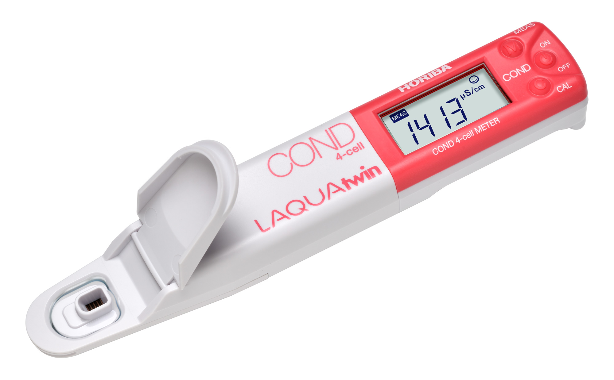 Horiba LAQUAtwin 4EC-33 conductivity tester, our item number 896092. Angled conductivity tester with a view of the sensor.