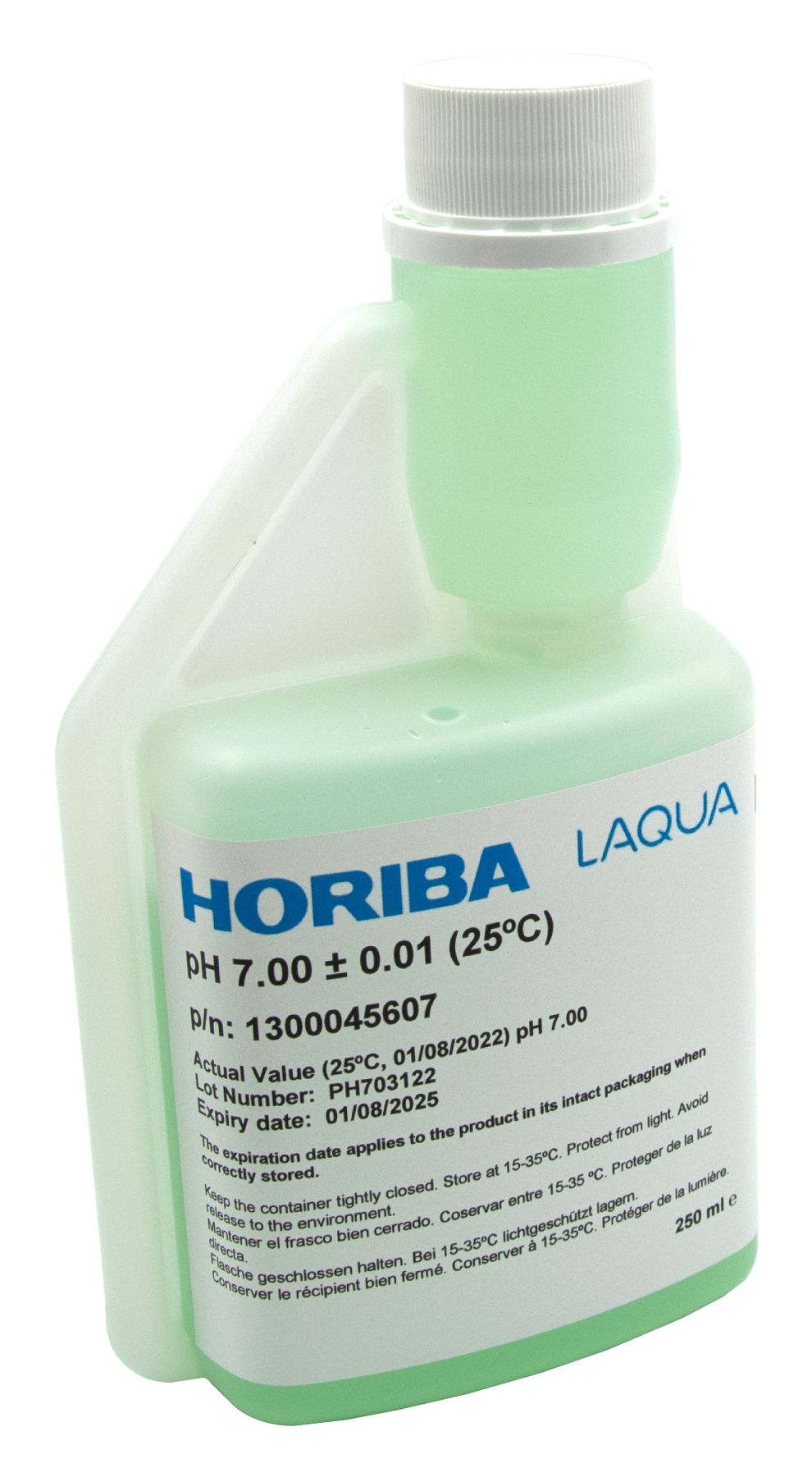 HORIBA pH 7.00 (±0.01pH @25°C) buffer solution 250ml (250-PH-7) HORIBA Kalibrierlösung pH 7 in hygienischer Flasche, Etikett und Struktur ersichtlich