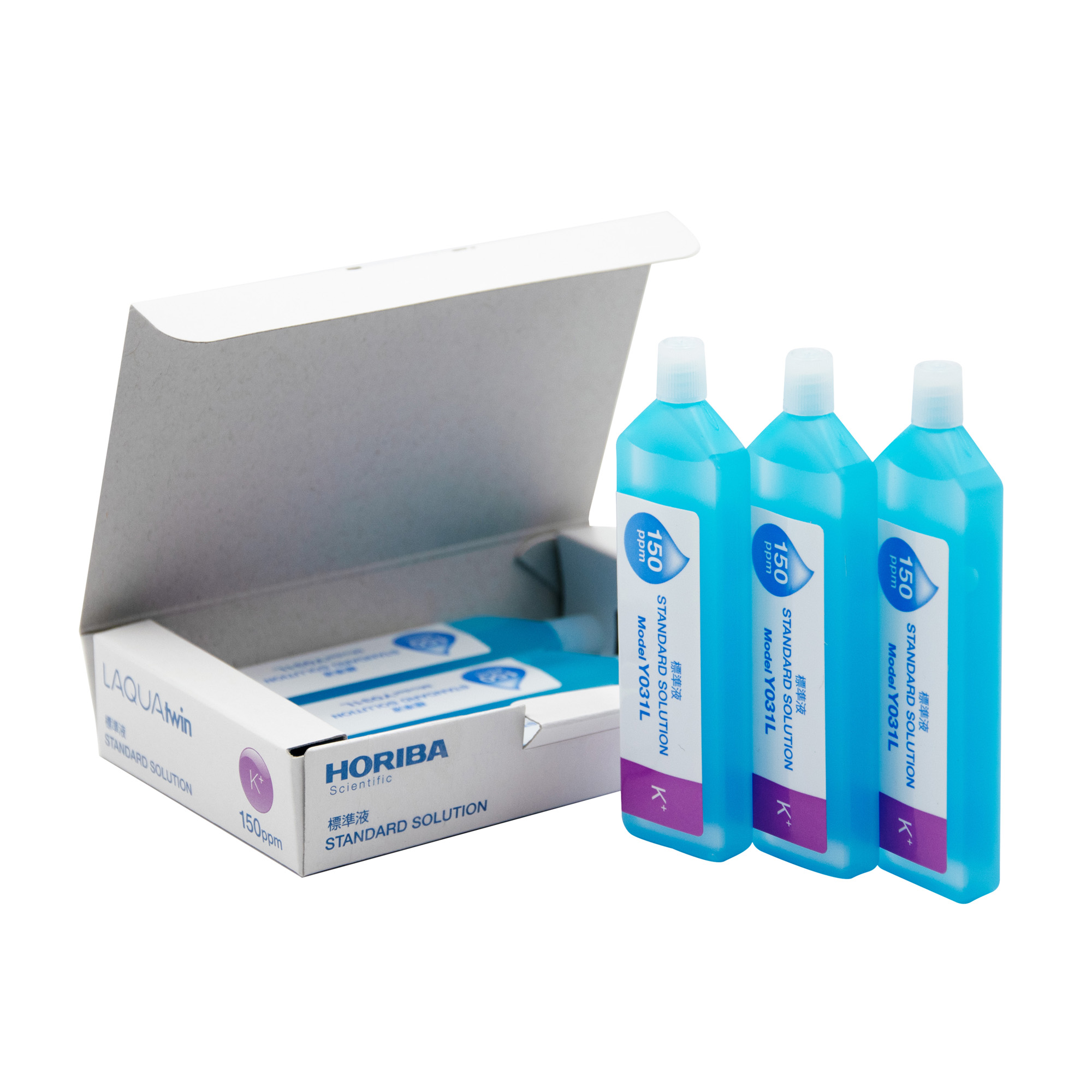 Horiba 150ppm Potassium Ion Standard Solution (Y031L) Horiba 150ppm Kalium Ionen Standard Lösung (Y031L), geöffnete Verpackung mit 3 Flaschen und 3 Flaschen davor