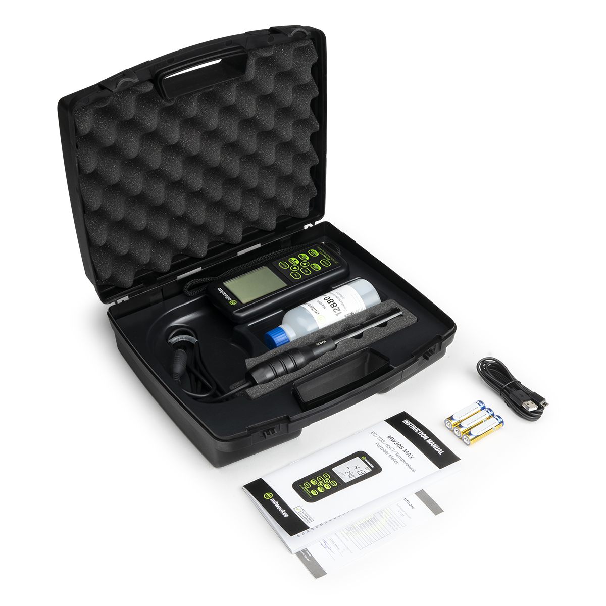 Milwaukee MW306 MAX, Automatic and logging EC/TDS/NaCl/Temperature meter. MW306 MAX Koffer Inhalt, sichtbare Anleitung, Gerät und Flüssigkeit