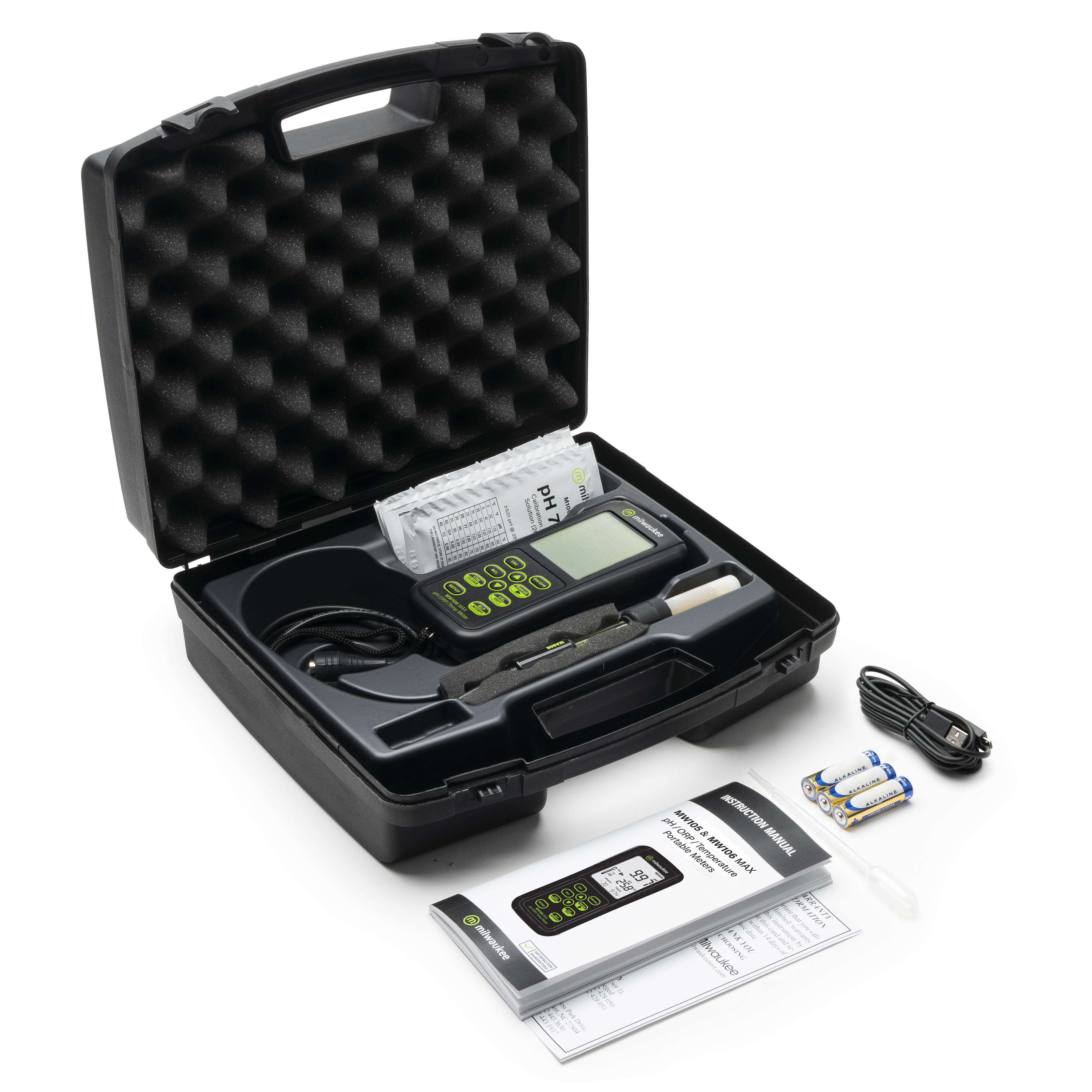 Milwaukee MW106 MAX im Hartschalenkoffer, geöffnet, pH-Tester gut sichtbar