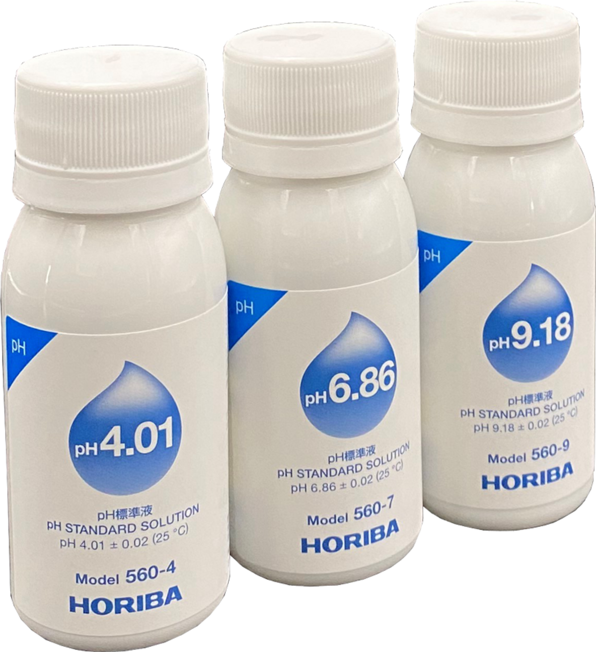 Starter Set Buffer Solutions - Horiba 560-P Horiba Starter-Set Pufferlösungen mit drei 60 ml Flaschen, Frontansicht mit farblich gekennzeichneten Etiketten, pH 4,01 7,00 und 10,01