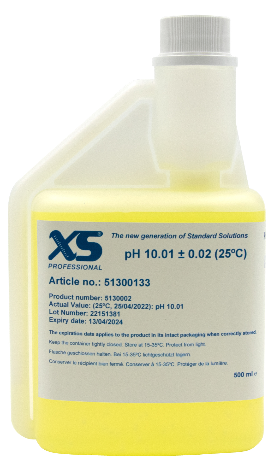 XS Professional pH‑10.01 500 ml bottle front view, calibration buffer solution with hygienic cap