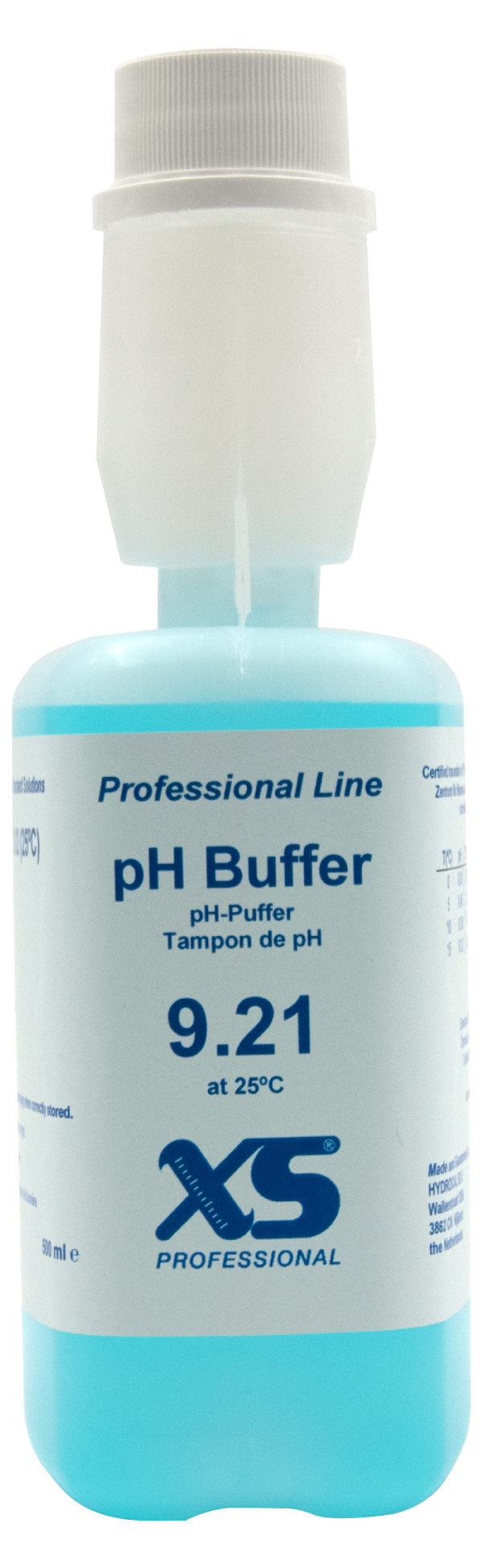 XS Professional pH 9.21, side view of the bottle with dosing system, pH buffer solution 500ml