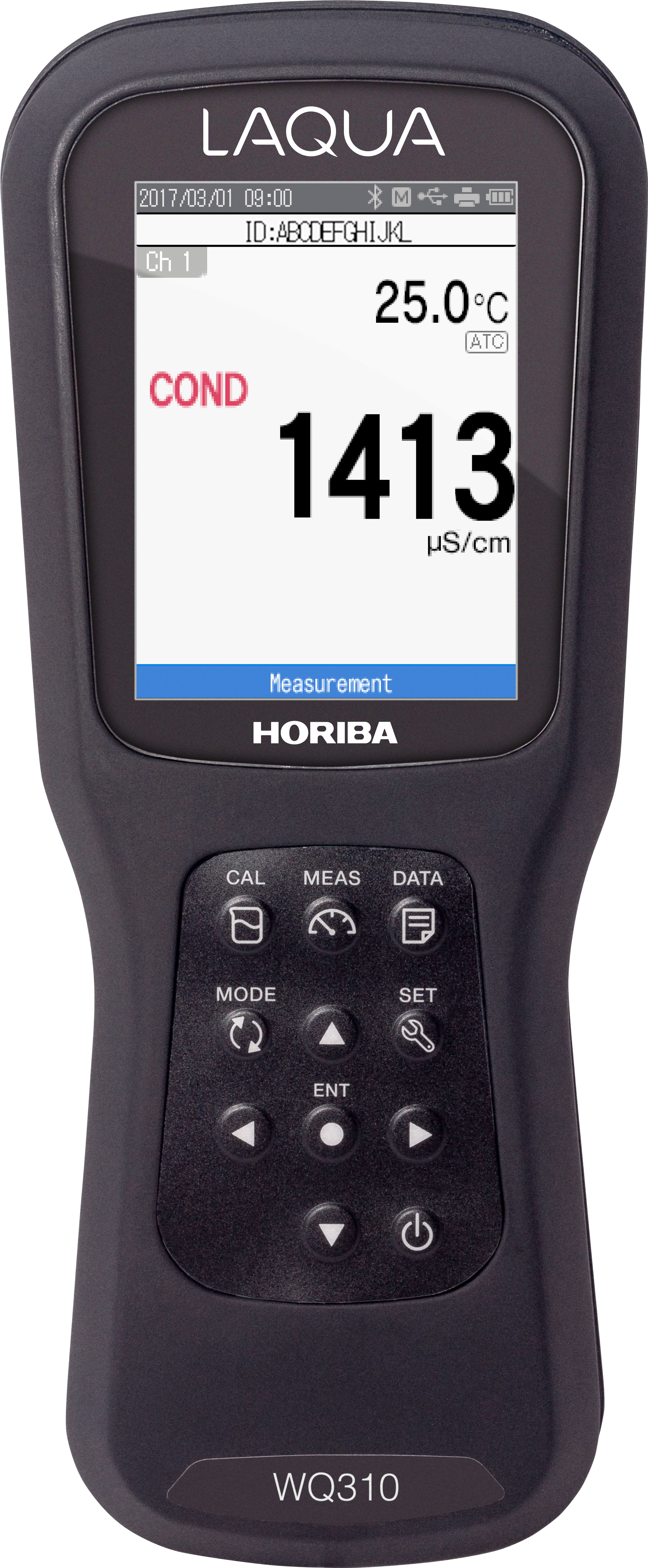 Horiba WQ310 mit EC‑Elektrode vorne, Leitfähigkeitsmessgerät Frontansicht, WQ‑300 Serie Single Channel EC‑Sensor montiert