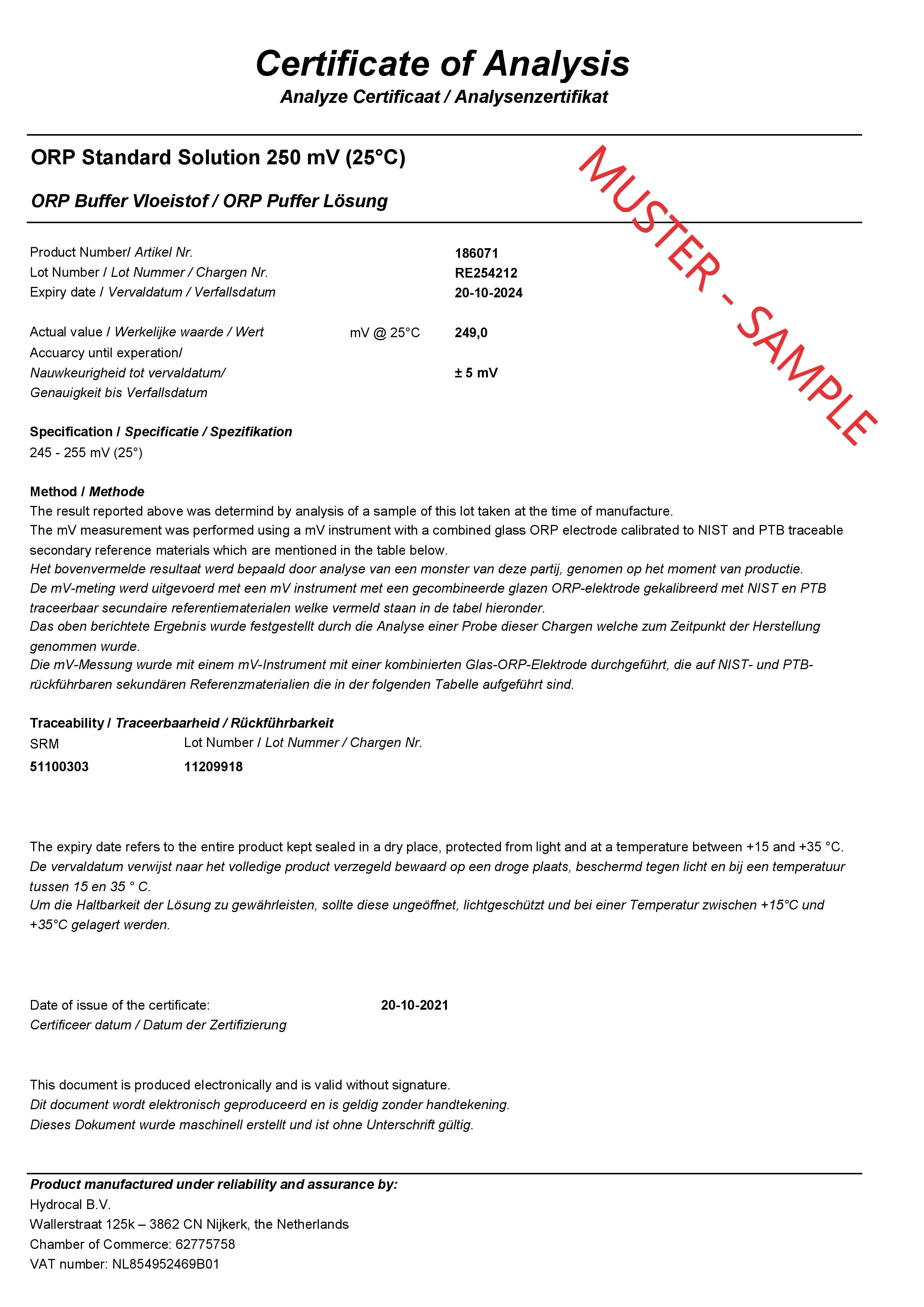 Redox Pufferlösung 475 mV, Kalibrierlösung-Zertifikat mit Hersteller- und Referenzdaten