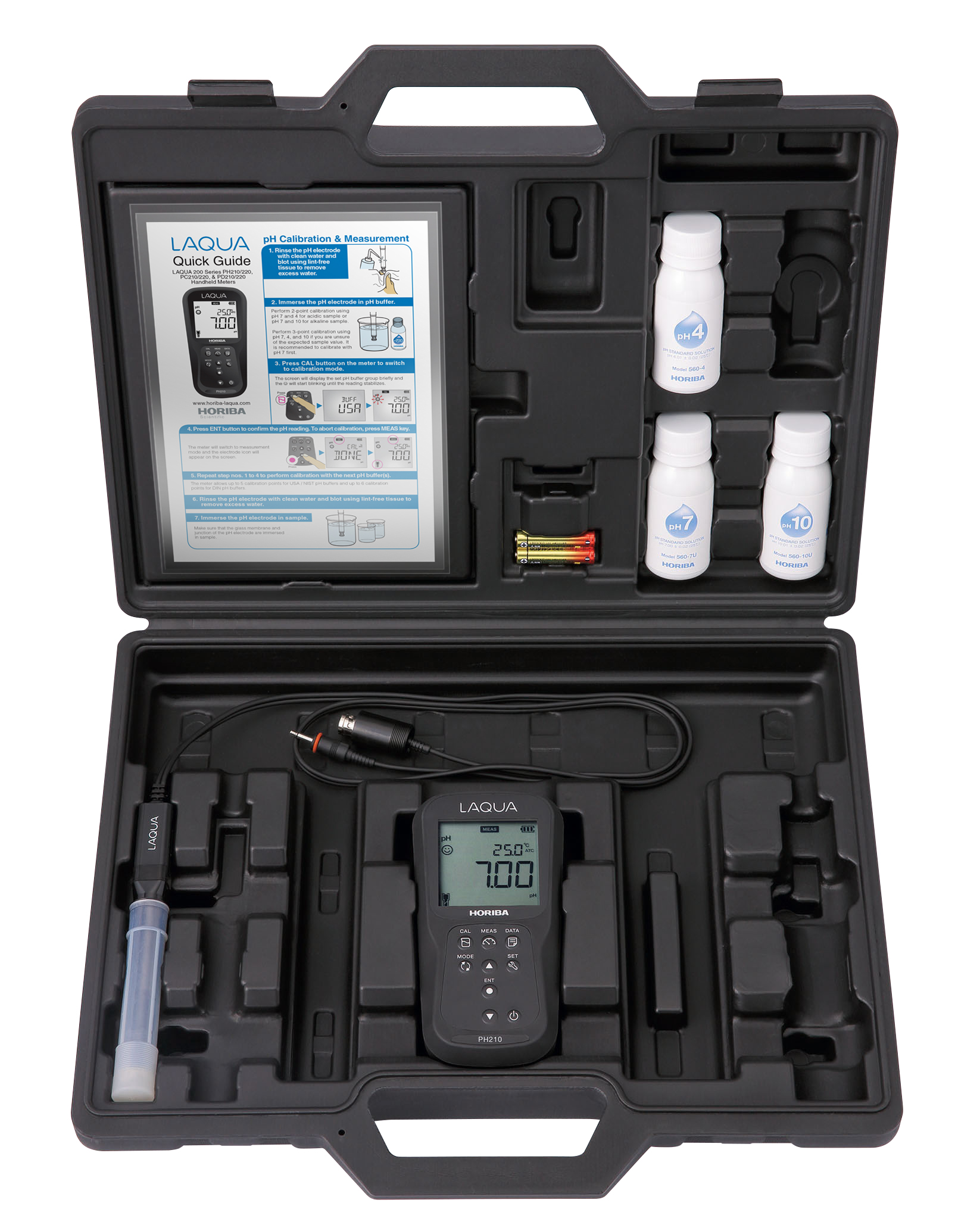 schwarzer offener Horiba pH210 Kit Koffer mit gut sichtbarem Inhalt