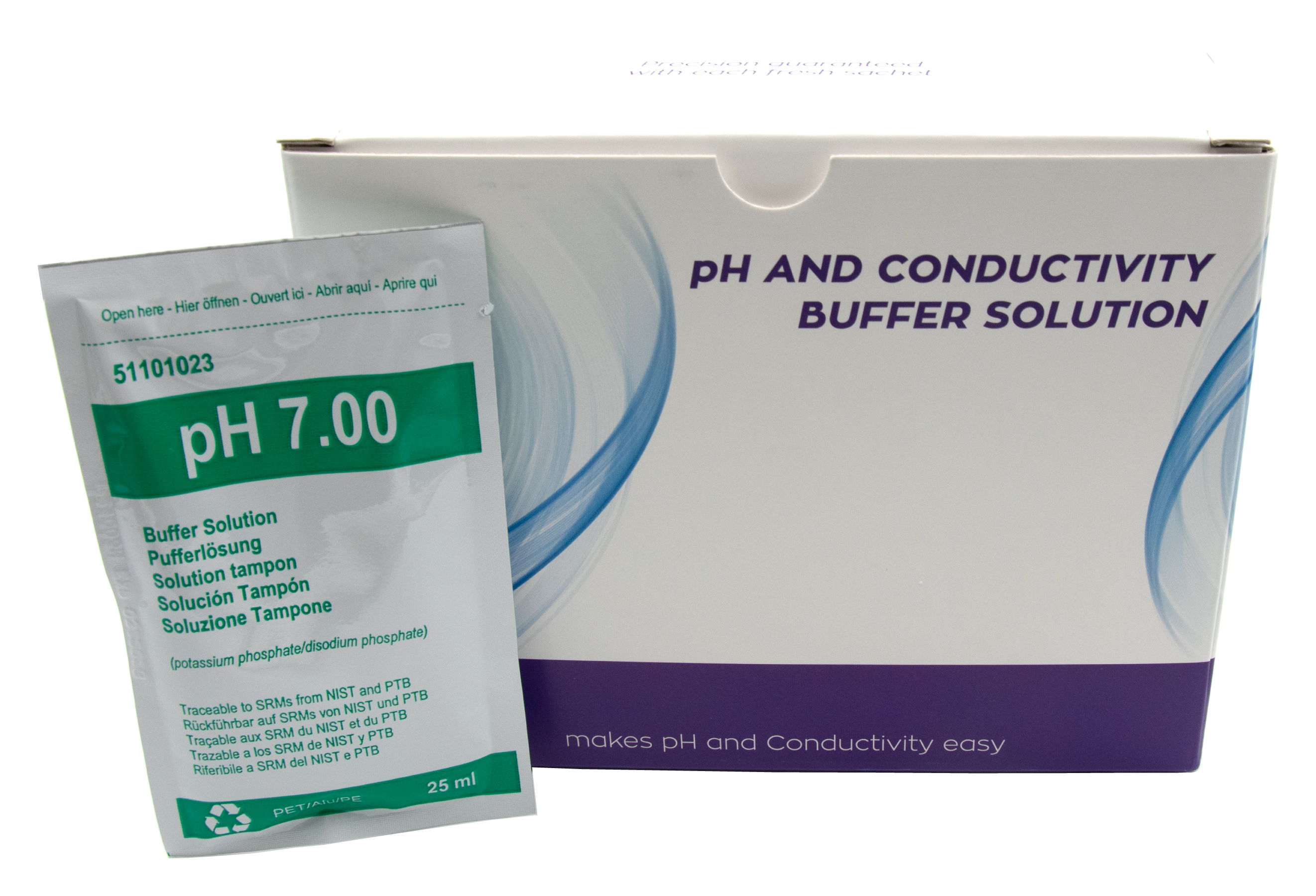 XS BASIC pH 7.00 (25°C) Buffer solution pack with 20 sachets of 25ml, green, with certificate of analysis