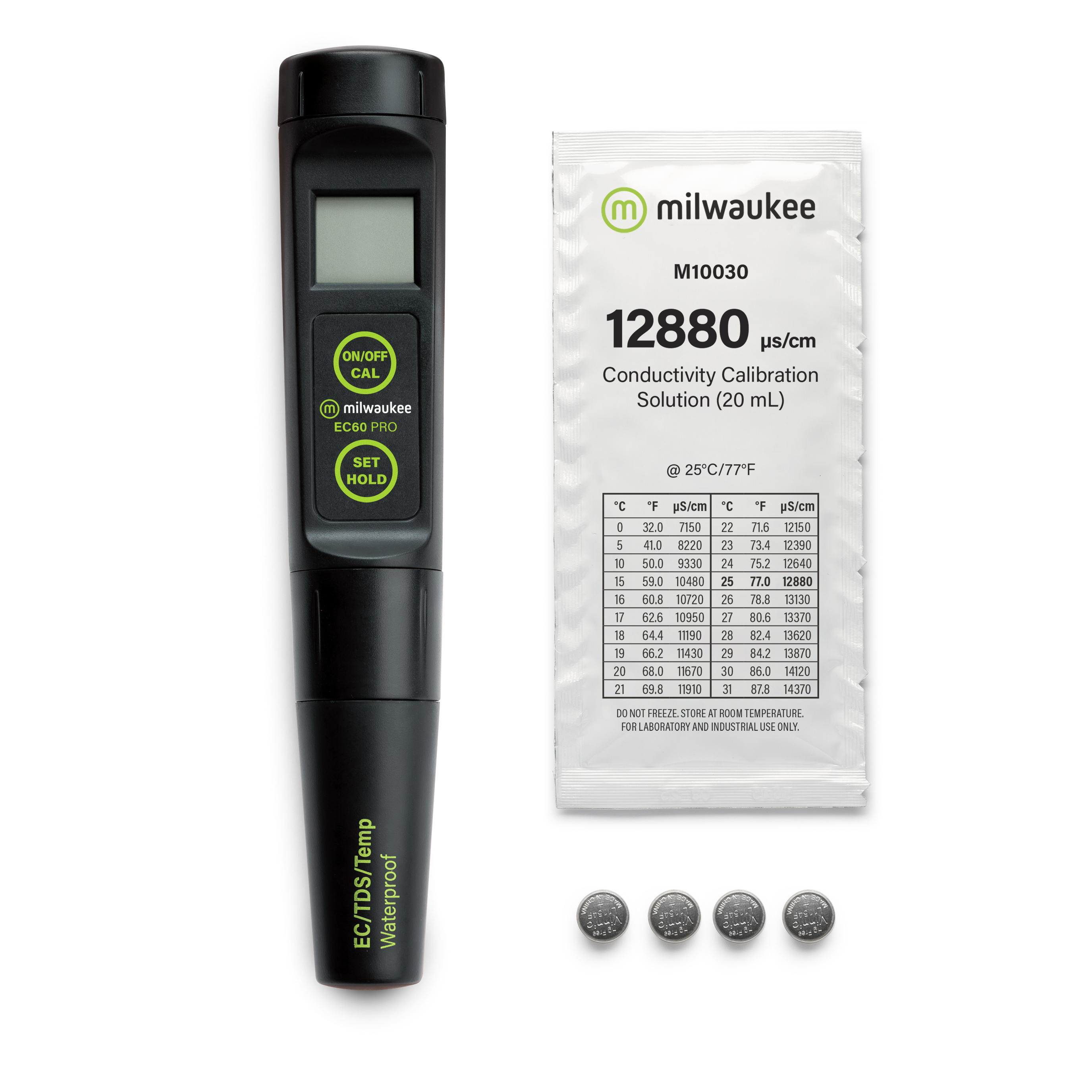 Milwaukee EC60 Komplettansicht, inkl. Zubehör für Leitfähigkeit und Temperatur