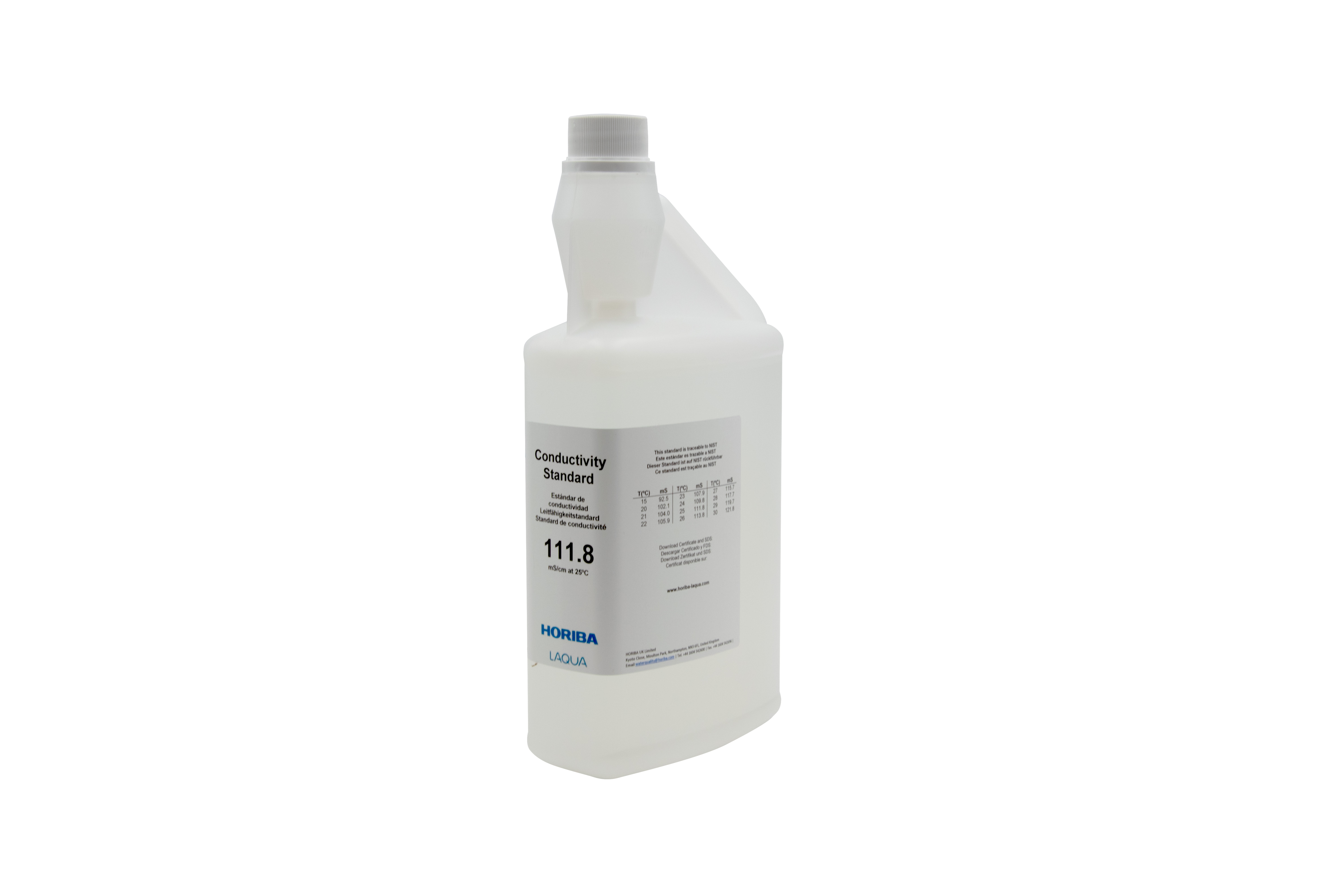 HORIBA Leitfähigkeitslösung 1000 ml, Vorderseite mit Etikett und Skala