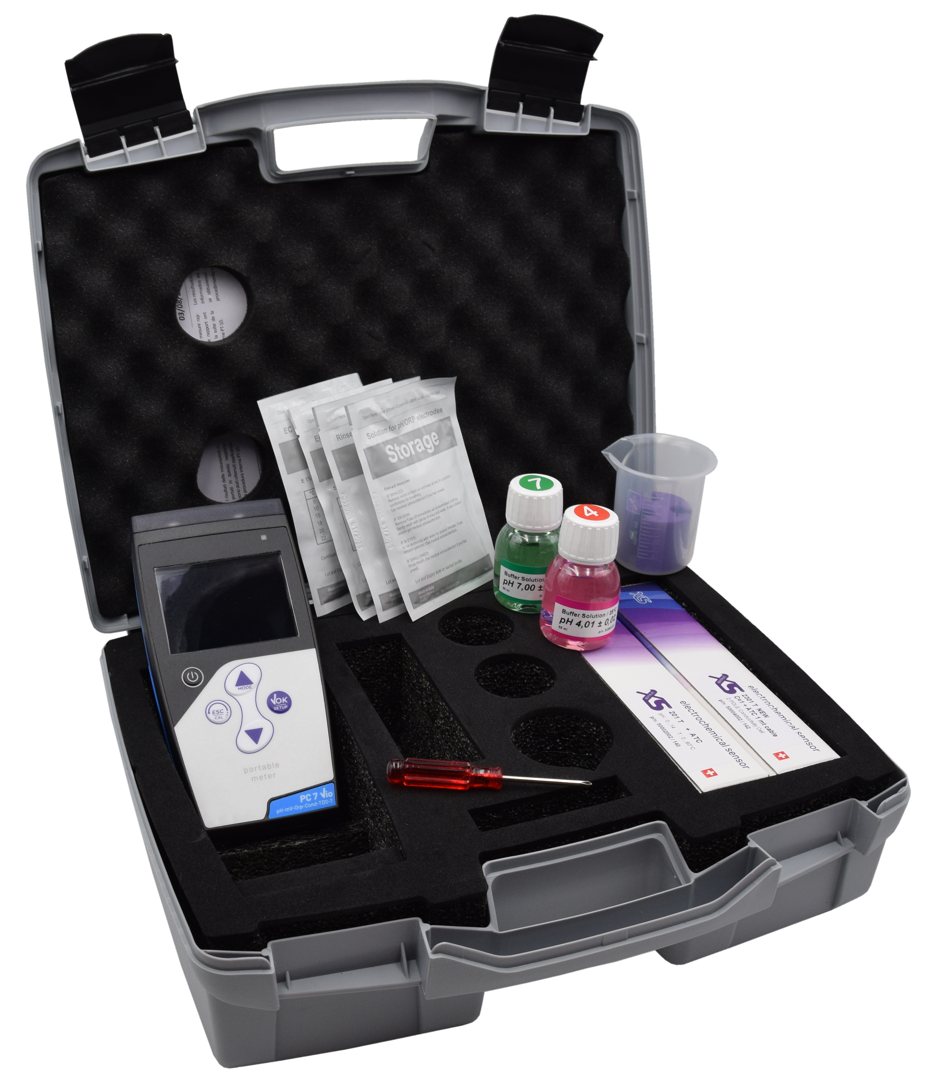 XS PC 7 Vio pH/mV/ORP/conductivity/TDS/temperature hand-held meter in case including 201T pH- and 2301T conductivity electrode with integrated temperature sensors XS PC 7 offener Koffer mit sichtbarem Inhalt