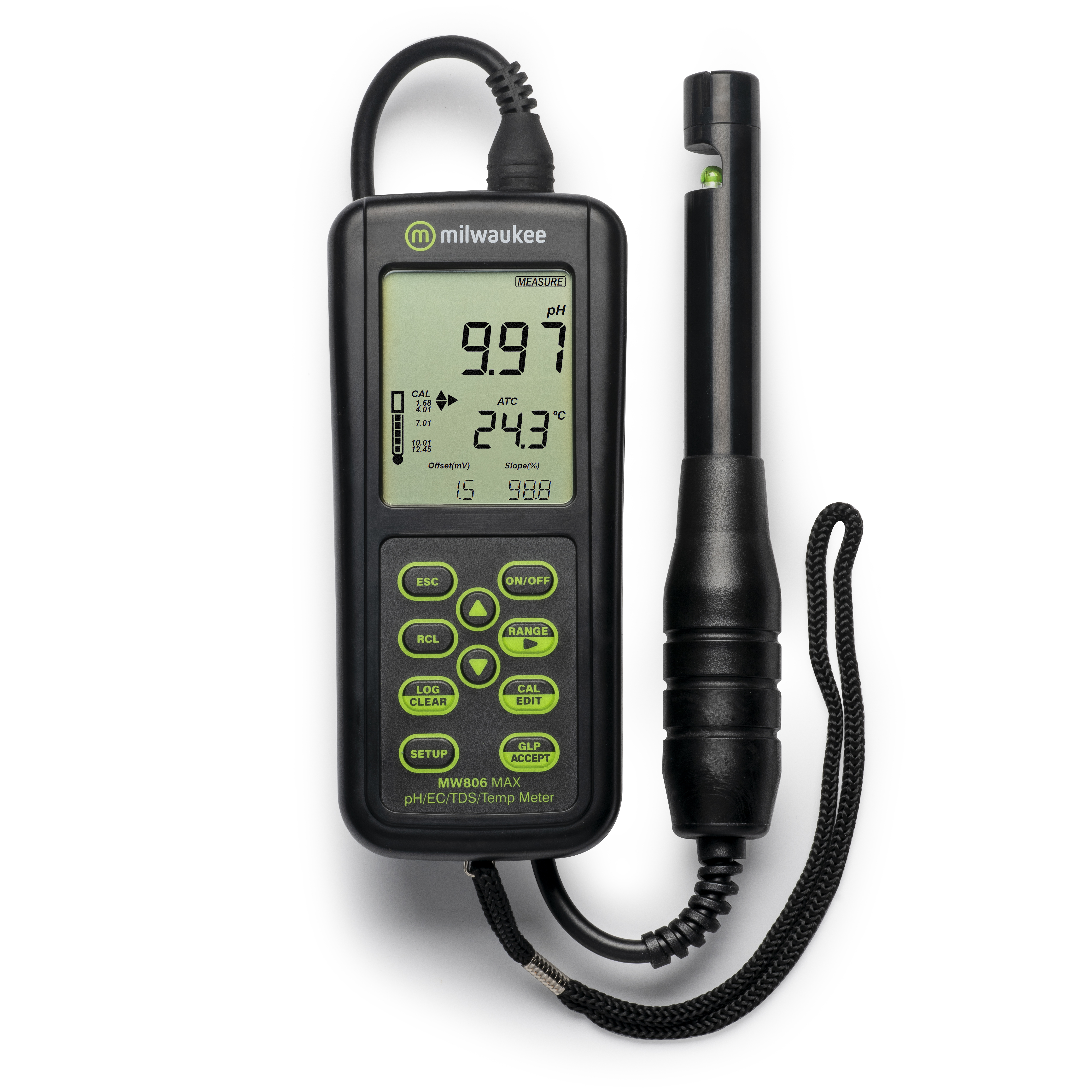 Milwaukee MW806 4-in-1 pH/EC/TDS/Temp. Combo Meter with ATC MW806 Messgerät frontal Ansicht