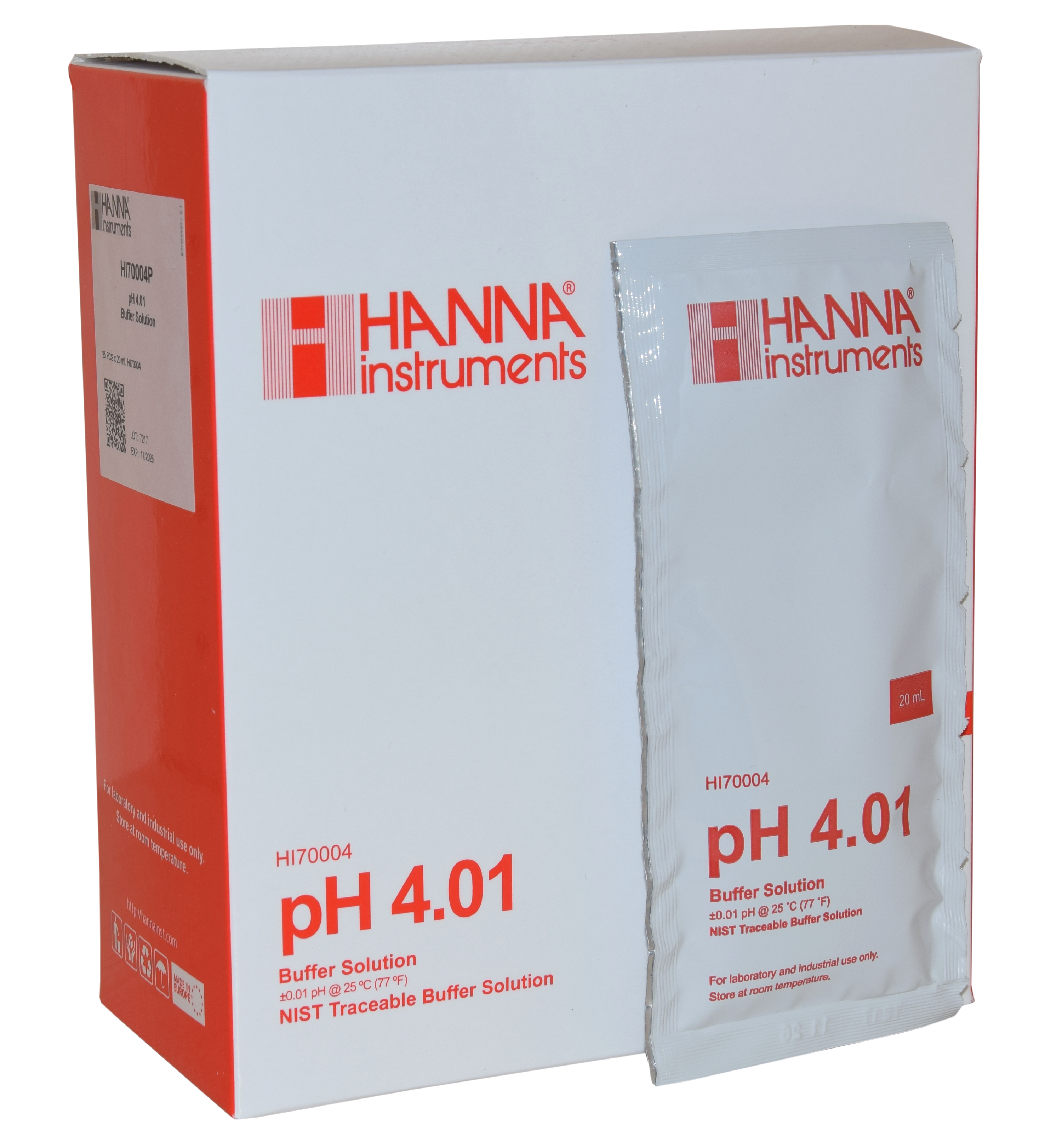 HANNA buffer solution pH 4.01, 25 x 20mL sachets (HI70004P) HANNA HI70004P Pufferlösung mit pH-Wert 4.01, Beutelansicht vor Produktkarton