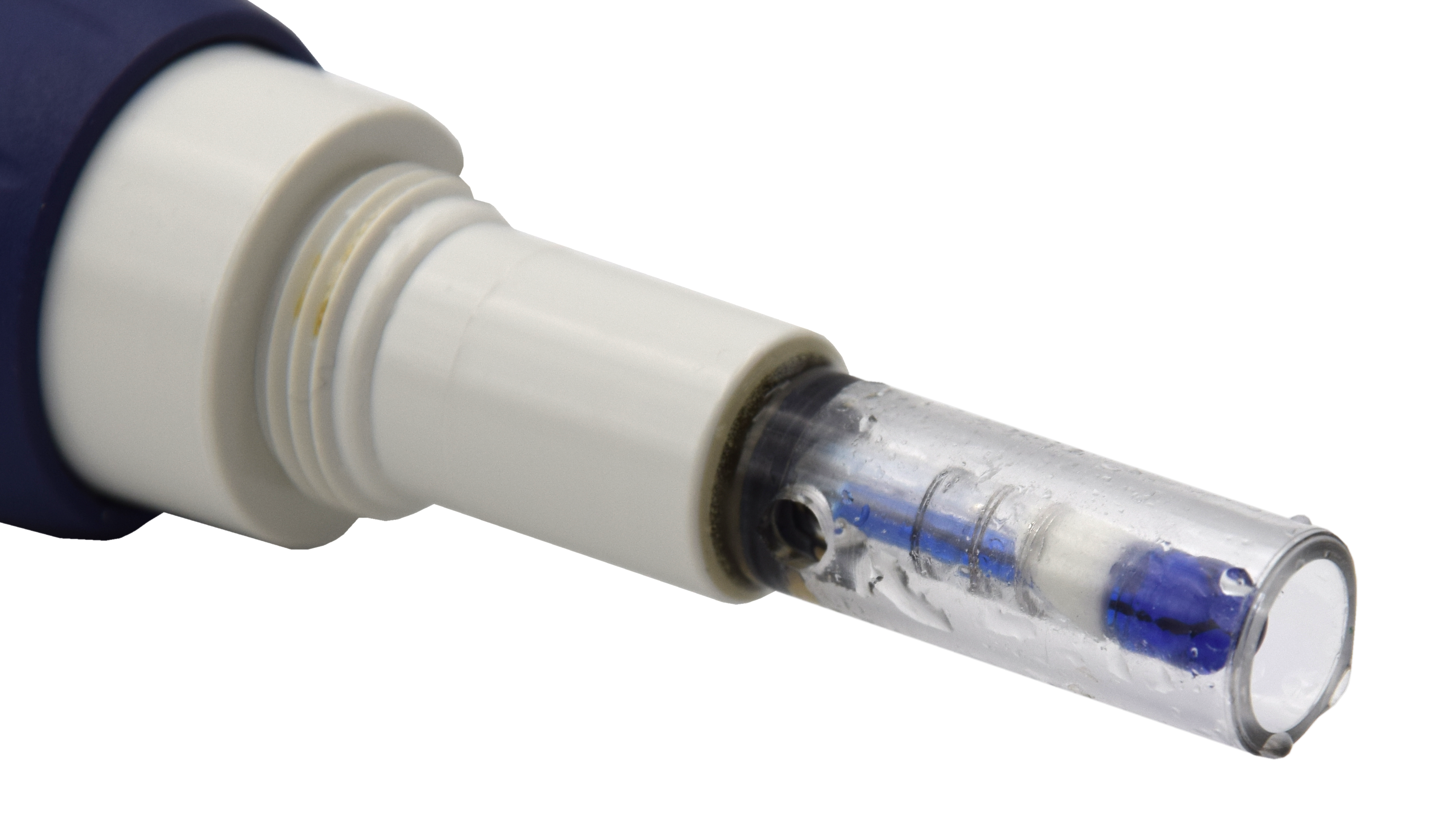 Tester Nahaufnahme der Sonde mit Schutzkappe. weiß-blau