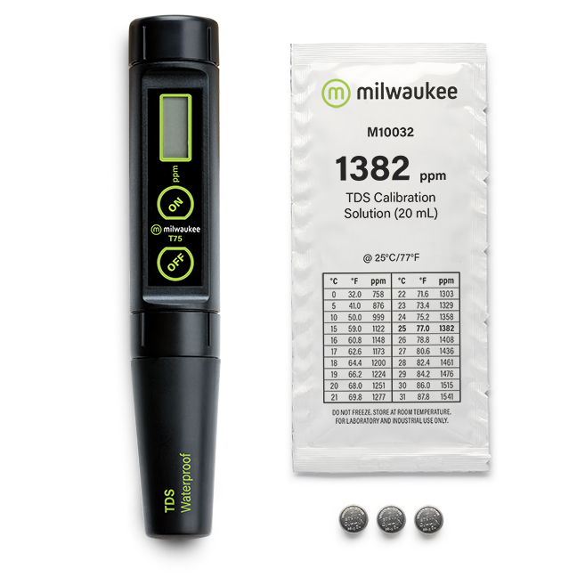 Milwaukee T75 waterproof low range Total Dissolved Solids Pen (TDS) with automatic temperature compensation (ATC) and replaceable probe