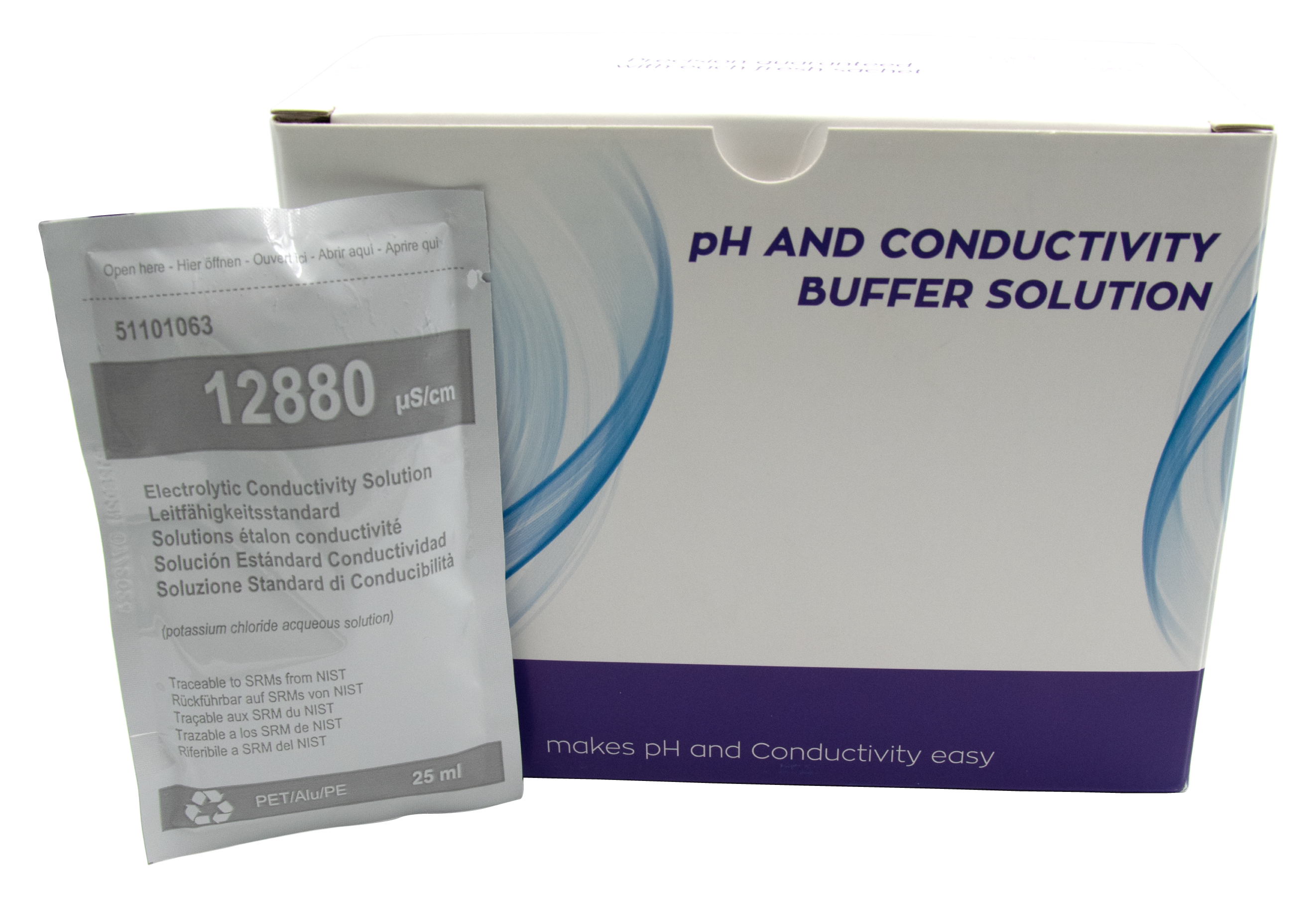 XS BASIC EC 12880 µS/cm (25°C) Buffer solution pack with 20 sachets of 25ml with certificate of analysis XS BASIC EC 12880 Kalibrierlösungs-Päckchen 12880 µS/cm mit Analysenzertifikat