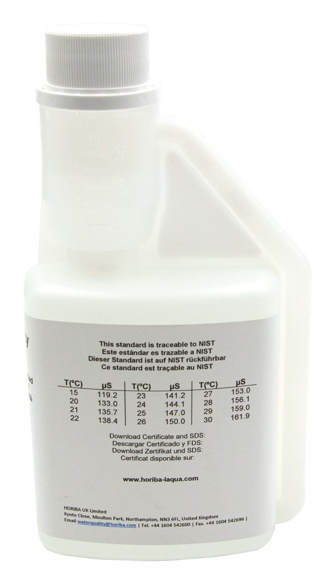 HORIBA 147 μS/cm Leitfähigkeitskalibrierlösung 250ml, Rückseite, pH-Werte und Gradanzahl sichtbar