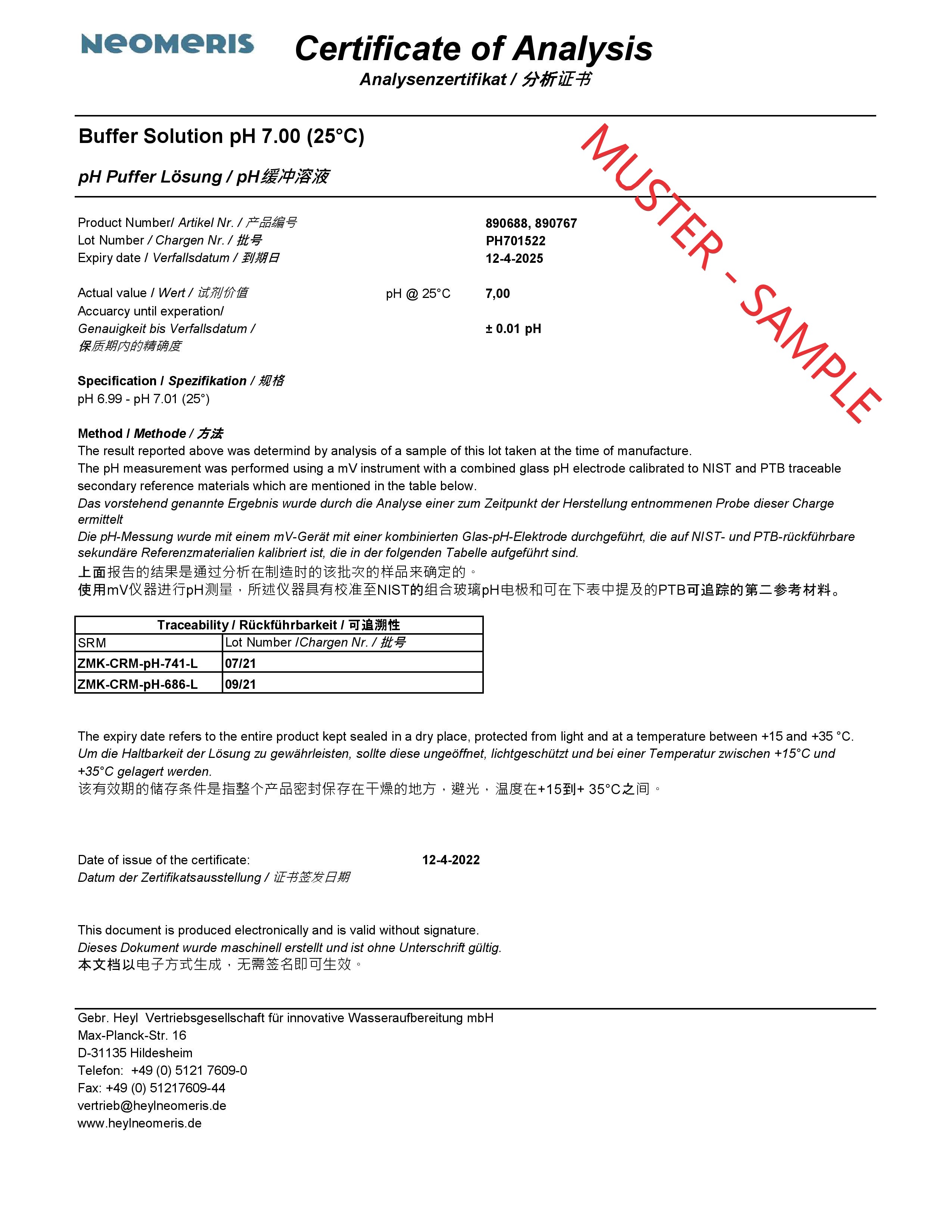 Pufferlösung pH 10.01, Analysezertifikat, Qualitätsnachweis der Lösung, Muster
