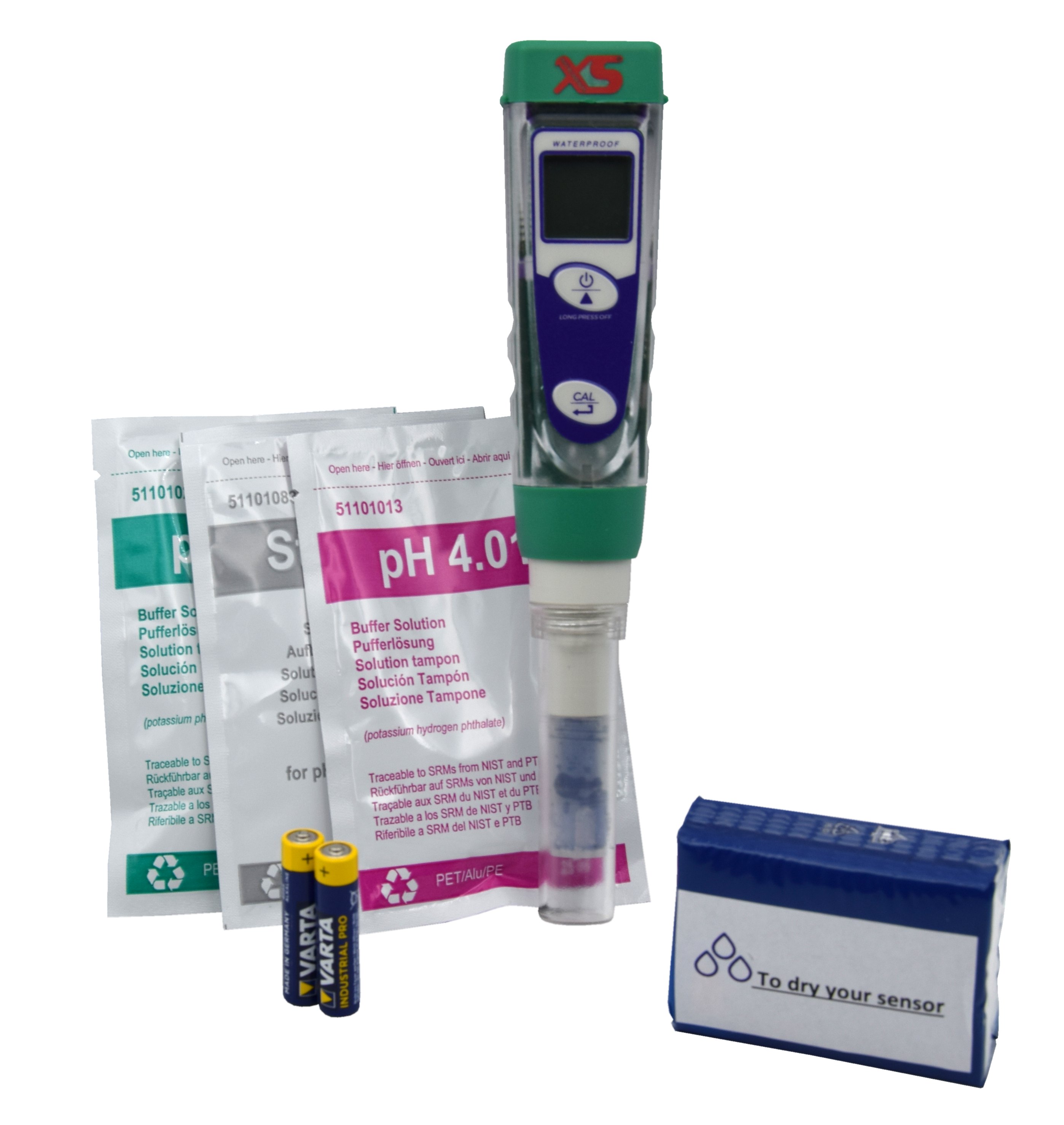 XS pH 1 Tester Kit - Measuring instrument for determining the pH value XS pH 1 Messgerät Inhalt offen präsentiert, komplette Testlösungssätze
