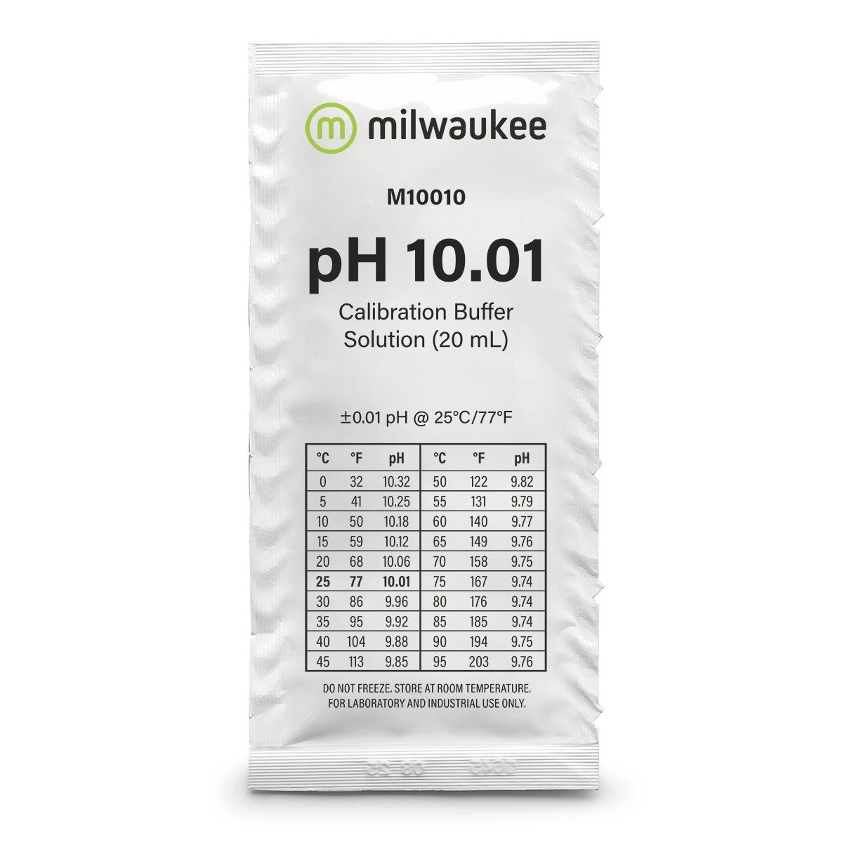 Milwaukee M10010B pH 10.01 calibration solution in a sachet, 25 sachets á 20ml Milwaukee M10010B pH 10,01 Kalibrierlösung Beutel Vorderseite, 25 Beutel á 20 ml, Kalibrierlösung pH 10,01 für präzise pH-Messung, Milwaukee pH 10 Kalibrierlösung im praktischen Beutel, pH 10 Referenzlösung für Kalibrierung von Messgeräten