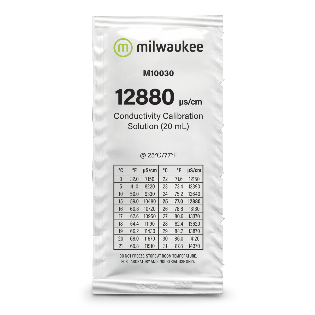 Milwaukee M10030B Leitfähigkeitskalibrierlösung Beutel Vorderseite, 25 Beutel á 20 ml, Kalibrierlösung 12880 µS/cm für Leitfähigkeitsmessung, praktische Einzelbeutel für genaue Kalibrierung, Milwaukee Kalibrierlösung für Leitfähigkeitsmesser