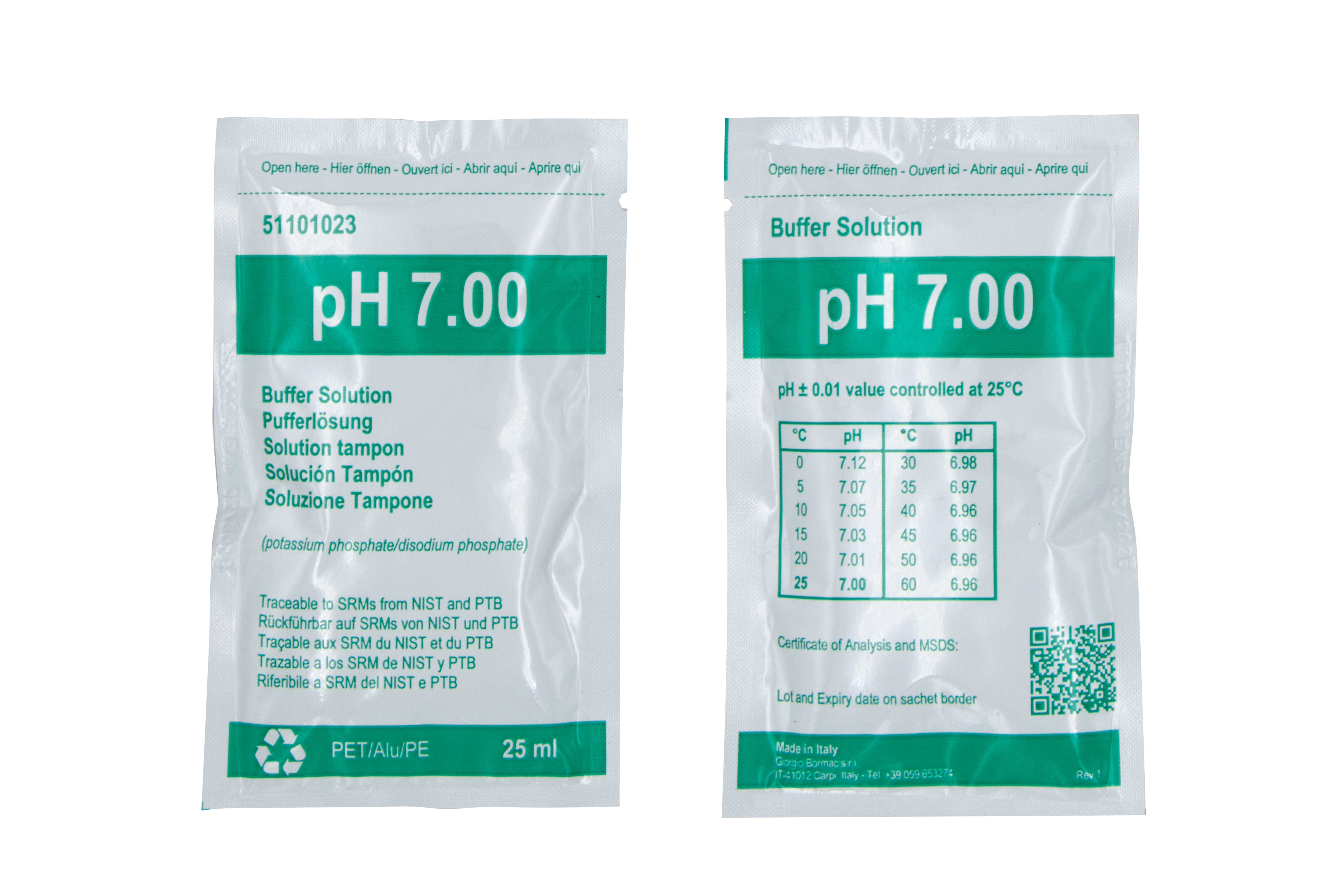 XS BASIC pH 7.00 (25°C) Buffer solution pack with 20 sachets of 25ml, green, with certificate of analysis