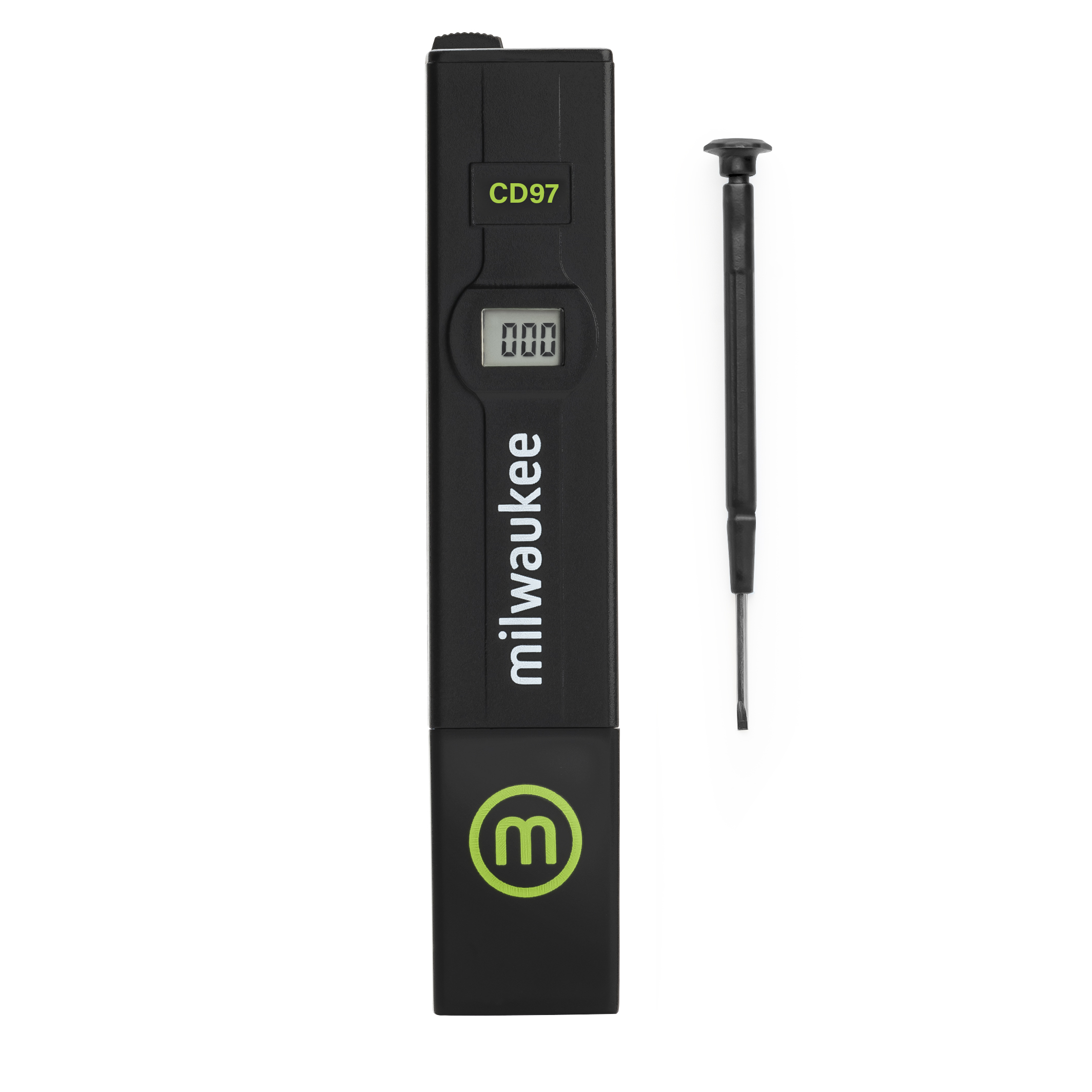Milwaukee CD97 TDS Tester, low-range model for dissolved solids, set including protective cap and manual, compact design.Milwaukee CD97 TDS Tester niedriger Bereich für gelöste Feststoffe, Set inkl. Schutzkappe und Handbuch, kompakte Ausstattung