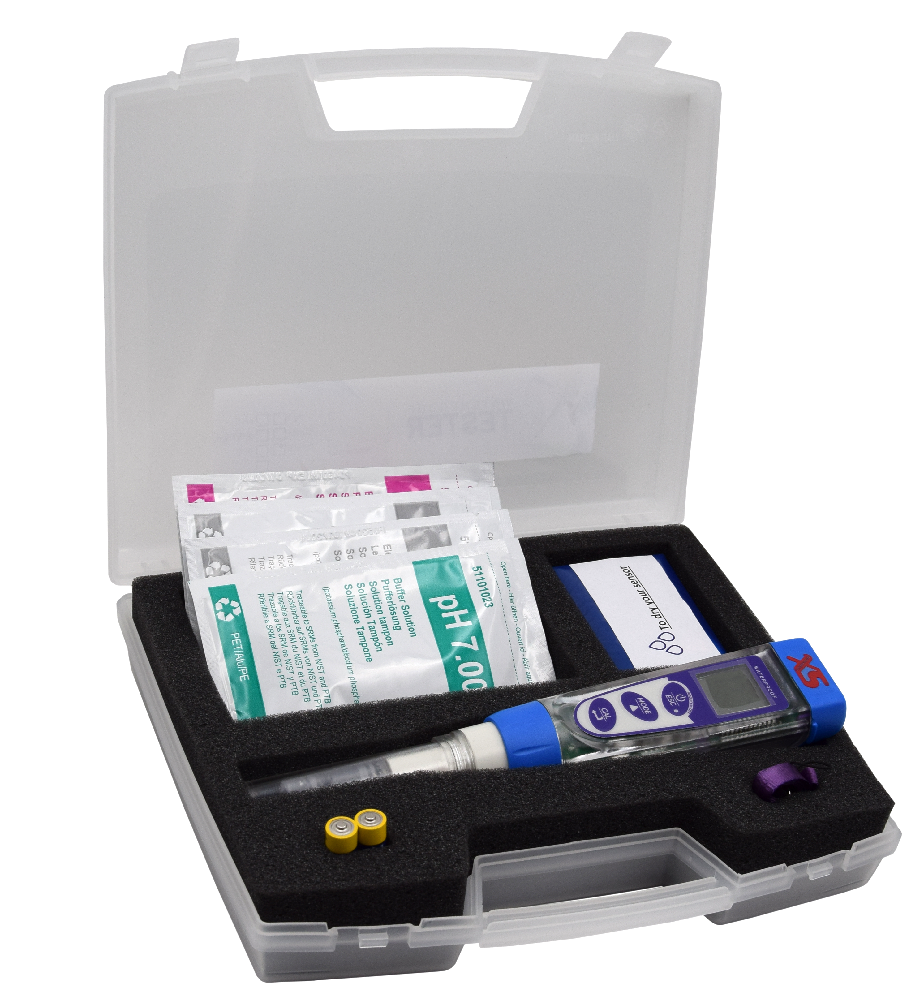 XS PC 5 Tester in carrying case  -  Hand tester for pH/mV/conductivity/TDS/salt/temp. measurement XS PC Koffer offen mit sichtbaren Inhalt, Gerät und 25ml Lösungen
