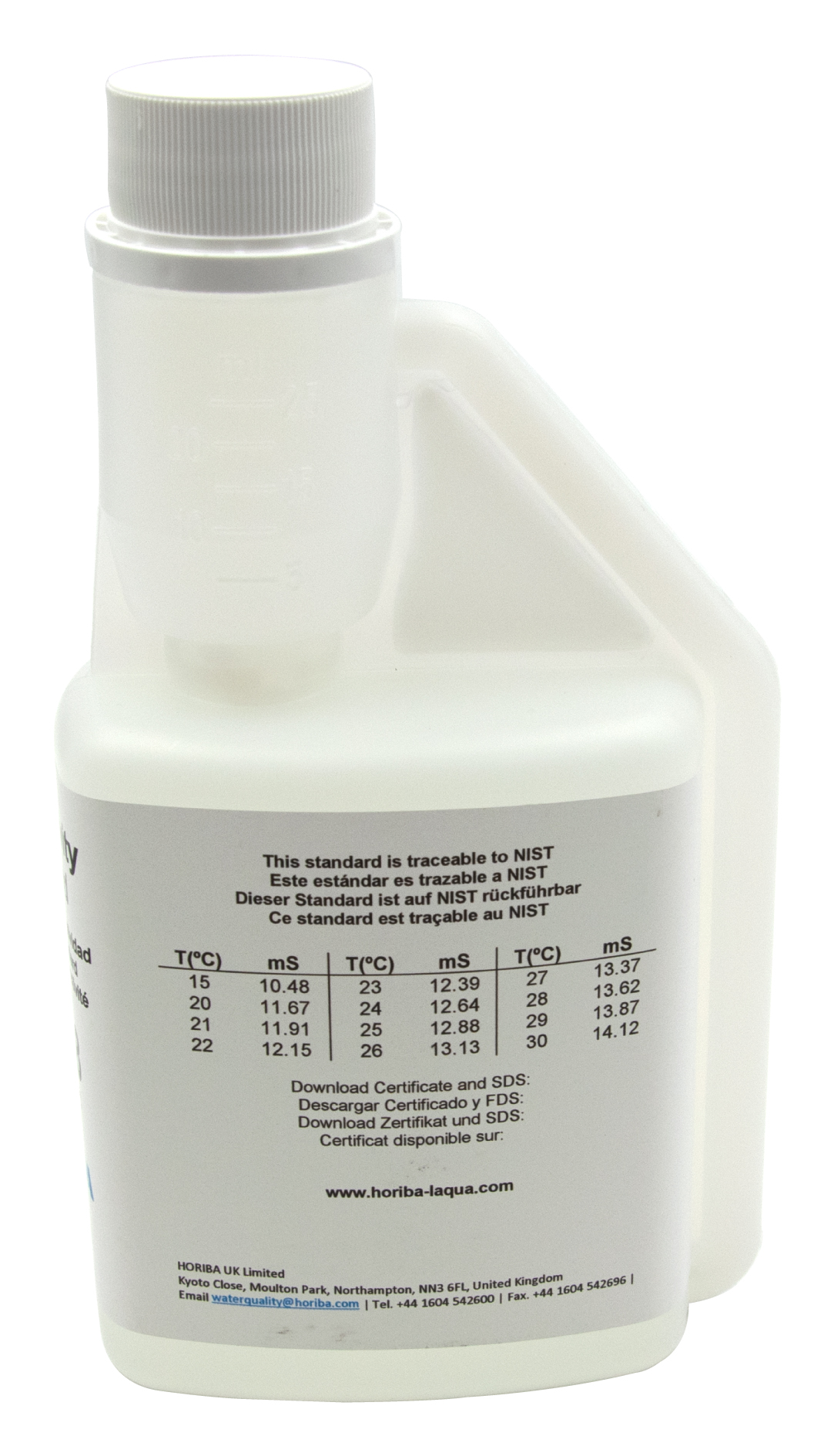 HORIBA 12.88 mS/cm Leitfähigkeitskalibrierlösung 250 ml Rückseite mit pH-Werten auf dem Etikett