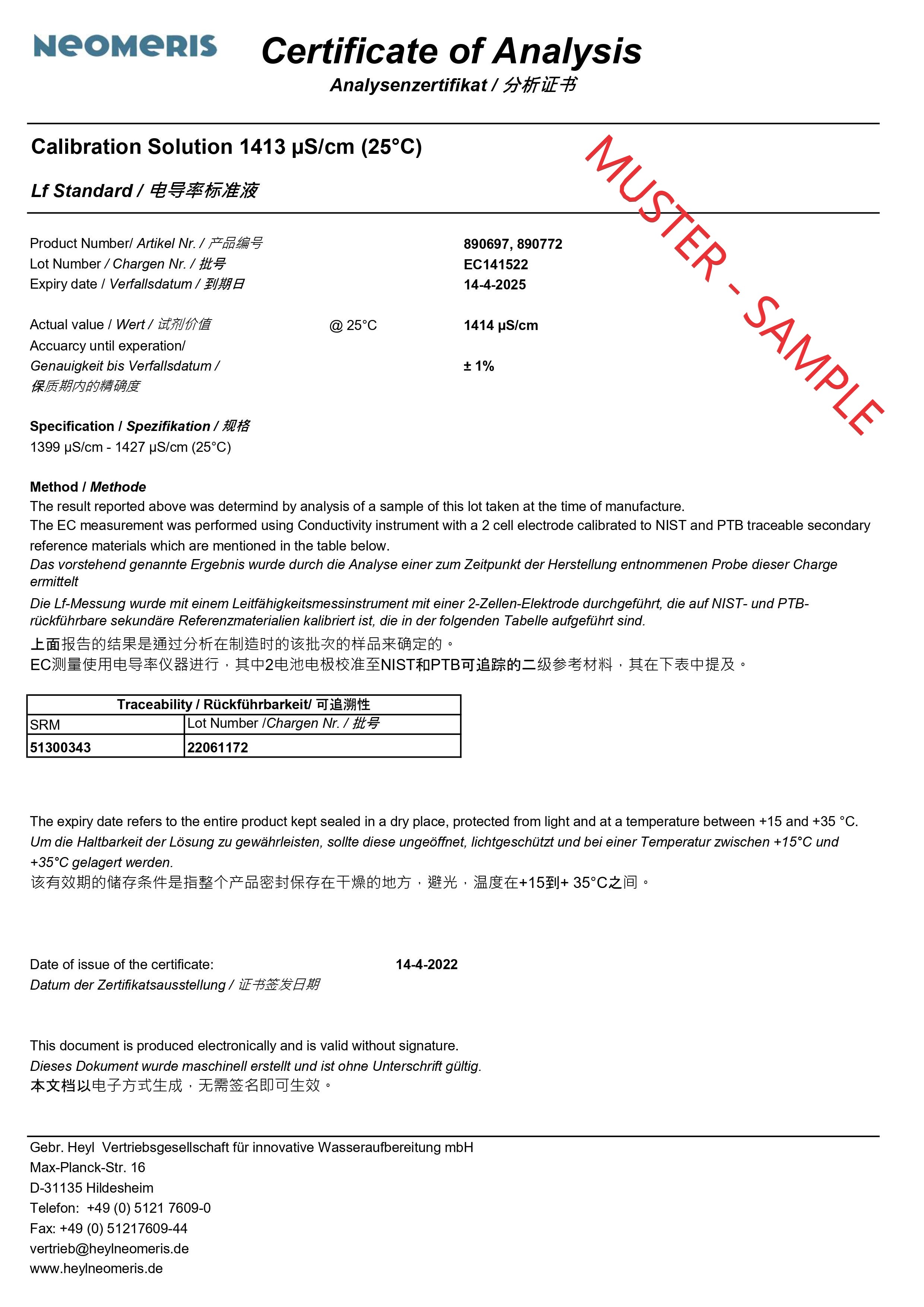 eitfähigkeitskalibrierlösung, Zertifikat des Analyseberichts zur Qualität der Kalibrierlösung, offizielles Prüfdokument, bestätigt Genauigkeit und Reinheit Muster