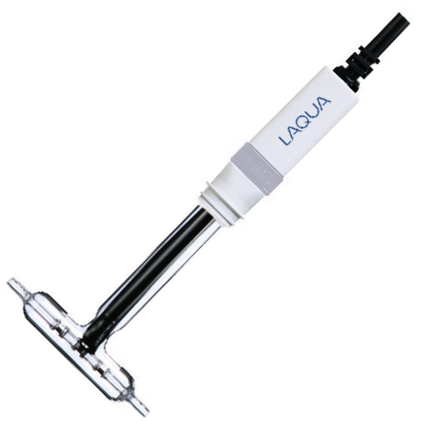 Horiba 3574-10C, conductivity measuring cell (Flow Type) Horiba 3574-10C Leitfähigkeitsmesszelle, Glasgehäuse mit BNC-Kabel, Platin-Elektroden sichtbar, für die Säulenchromatographie mit einer sehr geringen Probenmenge