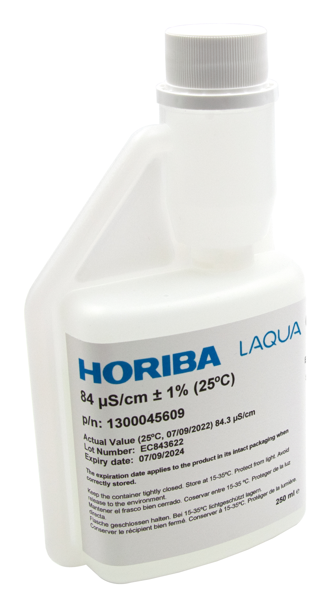 HORIBA 84 μS/cm conductivity calibration solution 250ml (250-EC-84) ORIBA 84 µS/cm Kalibrierlösung in ergonomischer Flasche, Blick auf Schrift