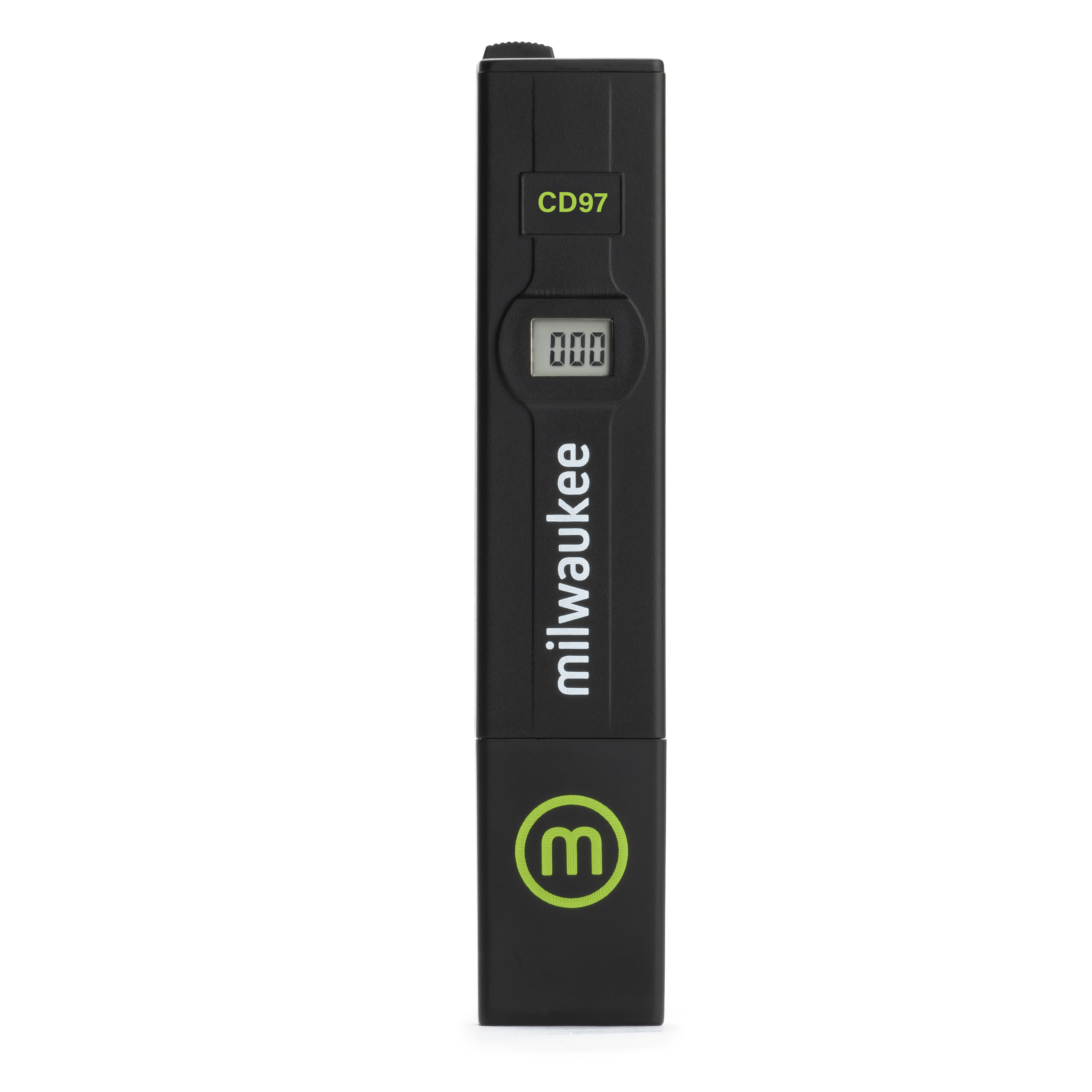 Milwaukee CD97 TDS tester, low-range model for dissolved solids, frontal view, display on.Milwaukee CD97 TDS Tester niedriger Bereich für gelöste Feststoffe, Frontalansicht, Display an