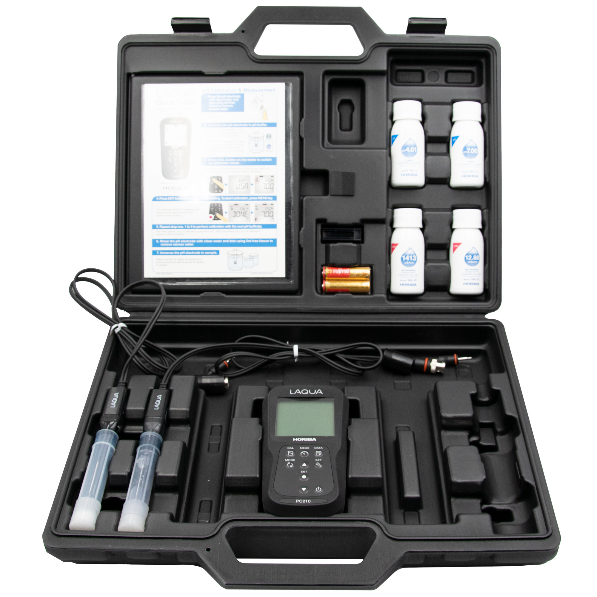Horiba LAQUA PC210-Kit pH, ORP, conductivity, TDS, salt, resistance and temperature handheld meter in analysis case Horiba Analysenkoffer in schwarz, Anleitung, Gerät und Elektroden sichtbar