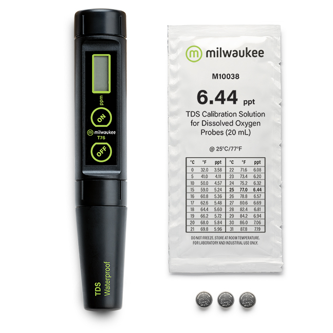 Milwaukee T76 TDS meter with accessories, including calibration solution and batteries
