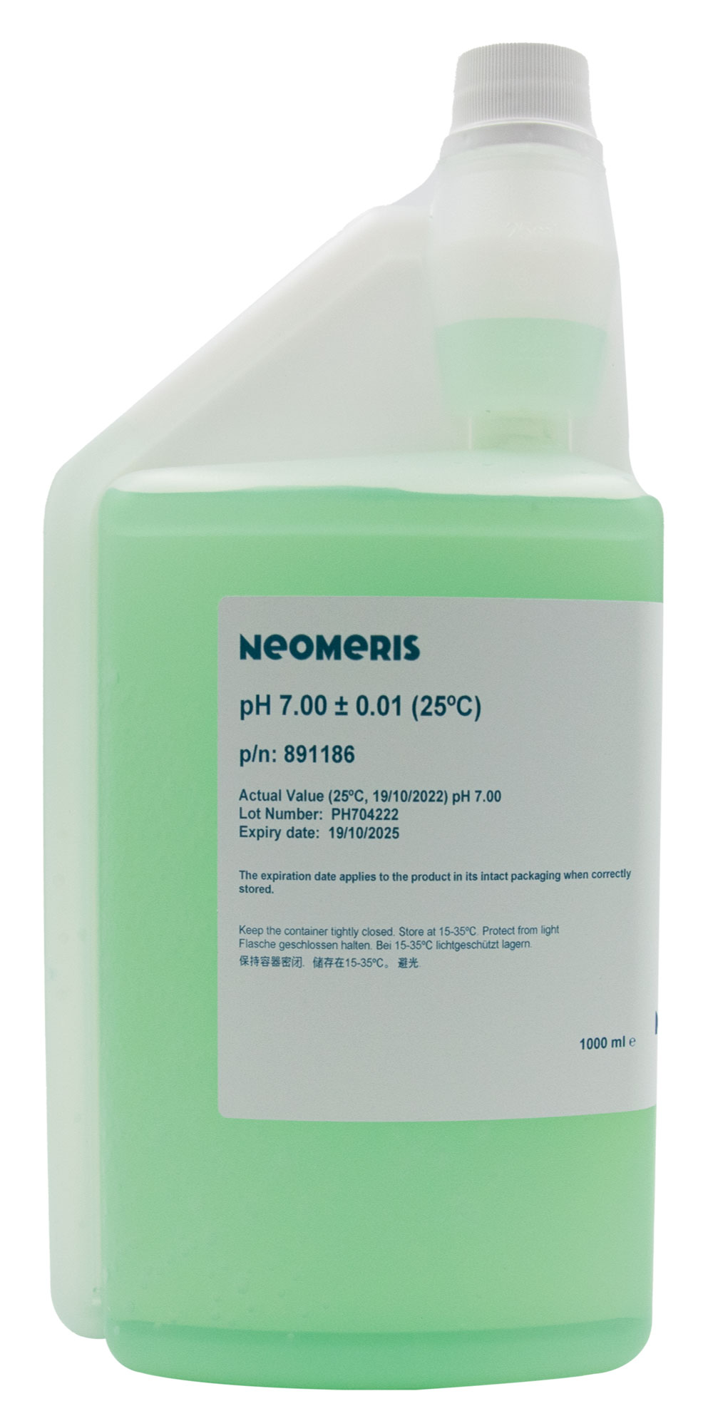 Neomeris pH buffer solution pH 7.00 Neomeris pH 7.00 Pufferlösung 1 Liter Flasche, Frontansicht grünliche Flüssigkeit