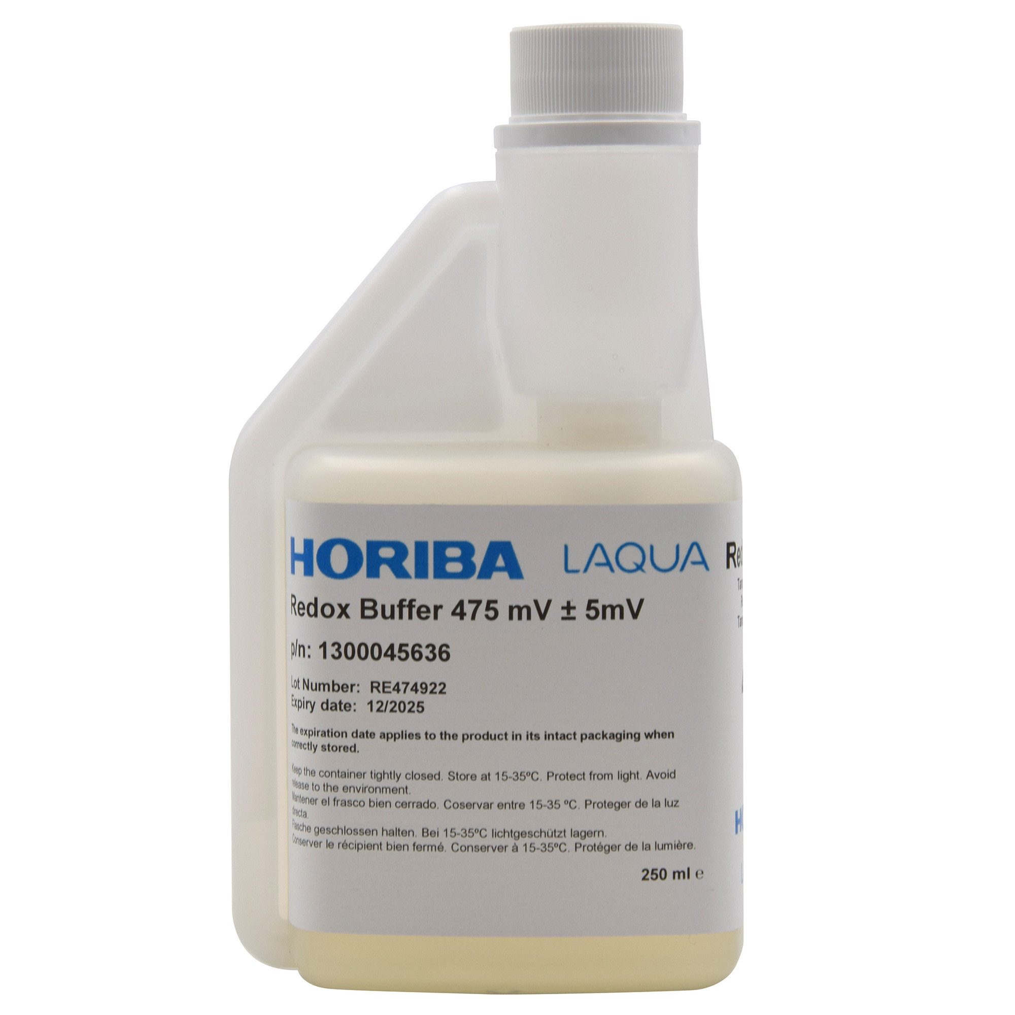 HORIBA Redox 475mV Pufferlösung Flasche, Frontansicht, 250ml, blaues Etikett, Kalibrierlösung für ORP-Elektroden