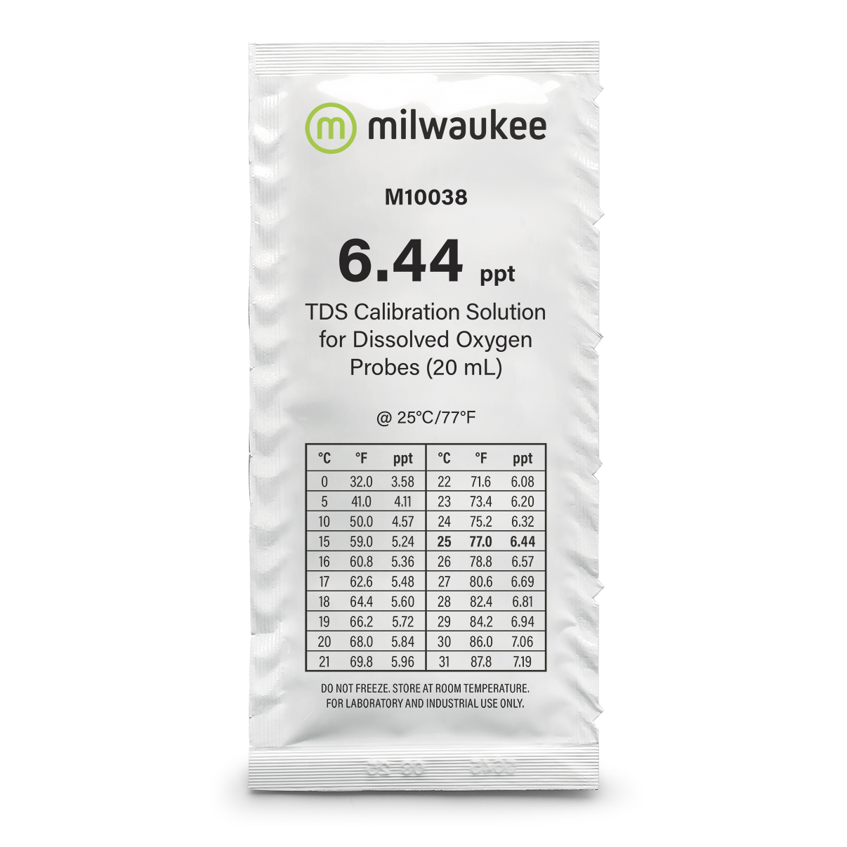 Milwaukee M10038B TDS Kalibrierlösung Vorderseite mit Produktname, 25 Beutel á 20 ml, Kalibrierlösung 6.44 ppt, TDS Kalibrierlösung für präzise Messung