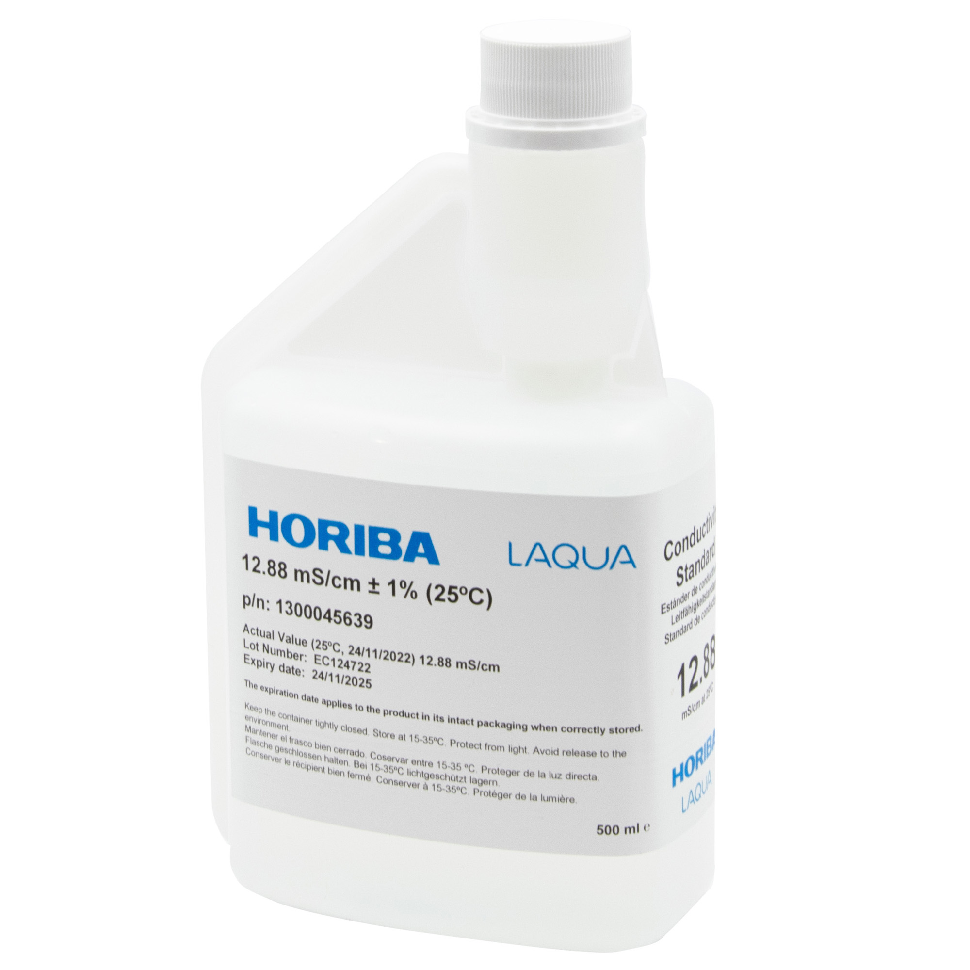 HORIBA 12.88 mS/cm conductivity calibration solution 500ml (500-EC-1288) HORIBA 500-EC-1288 Kalibrierlösung 12.88 mS/cm – Vorderseite der Flasche